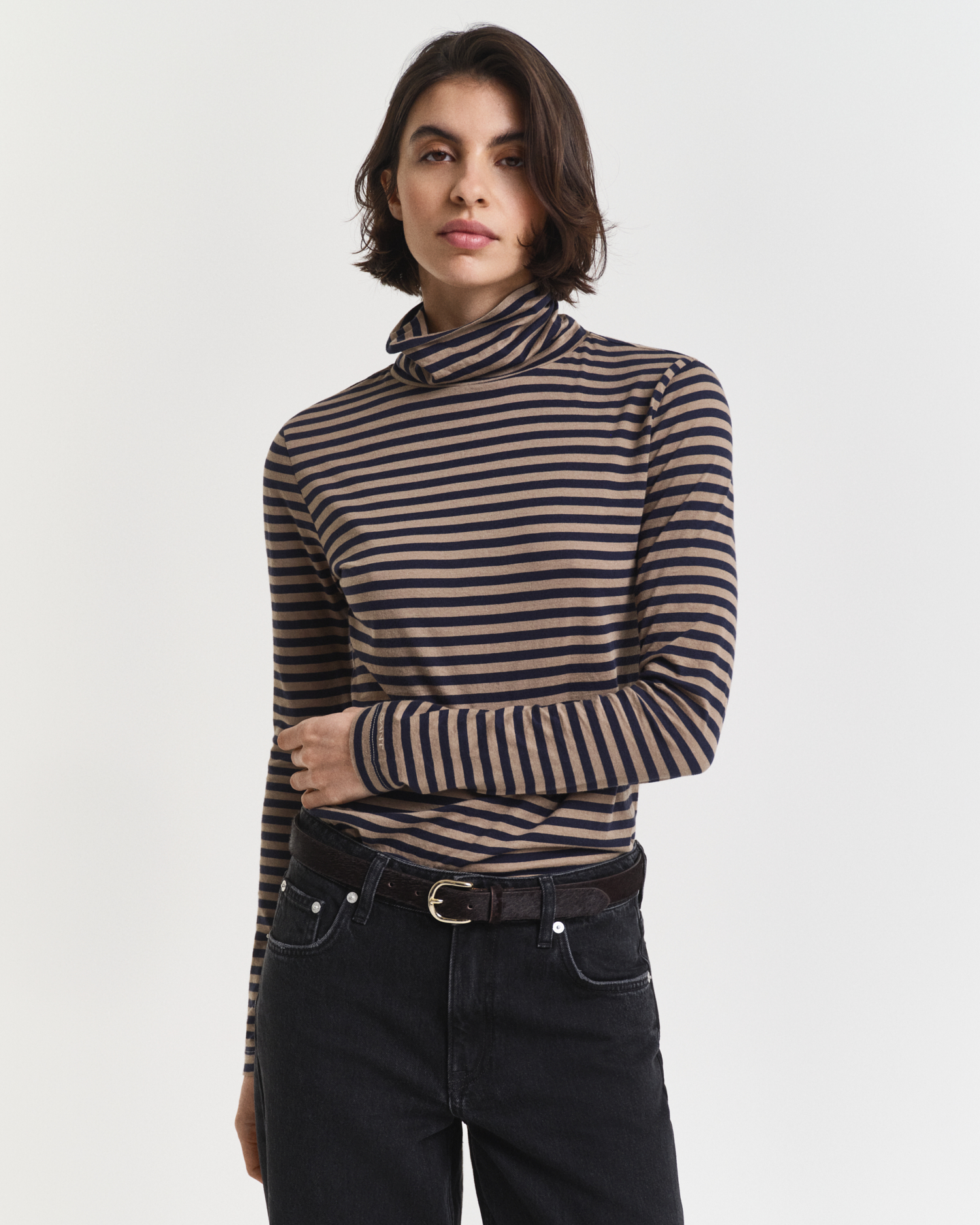 Gant Women's Beige Lightweight Striped Cotton Turtleneck Top ) Brown Xxl