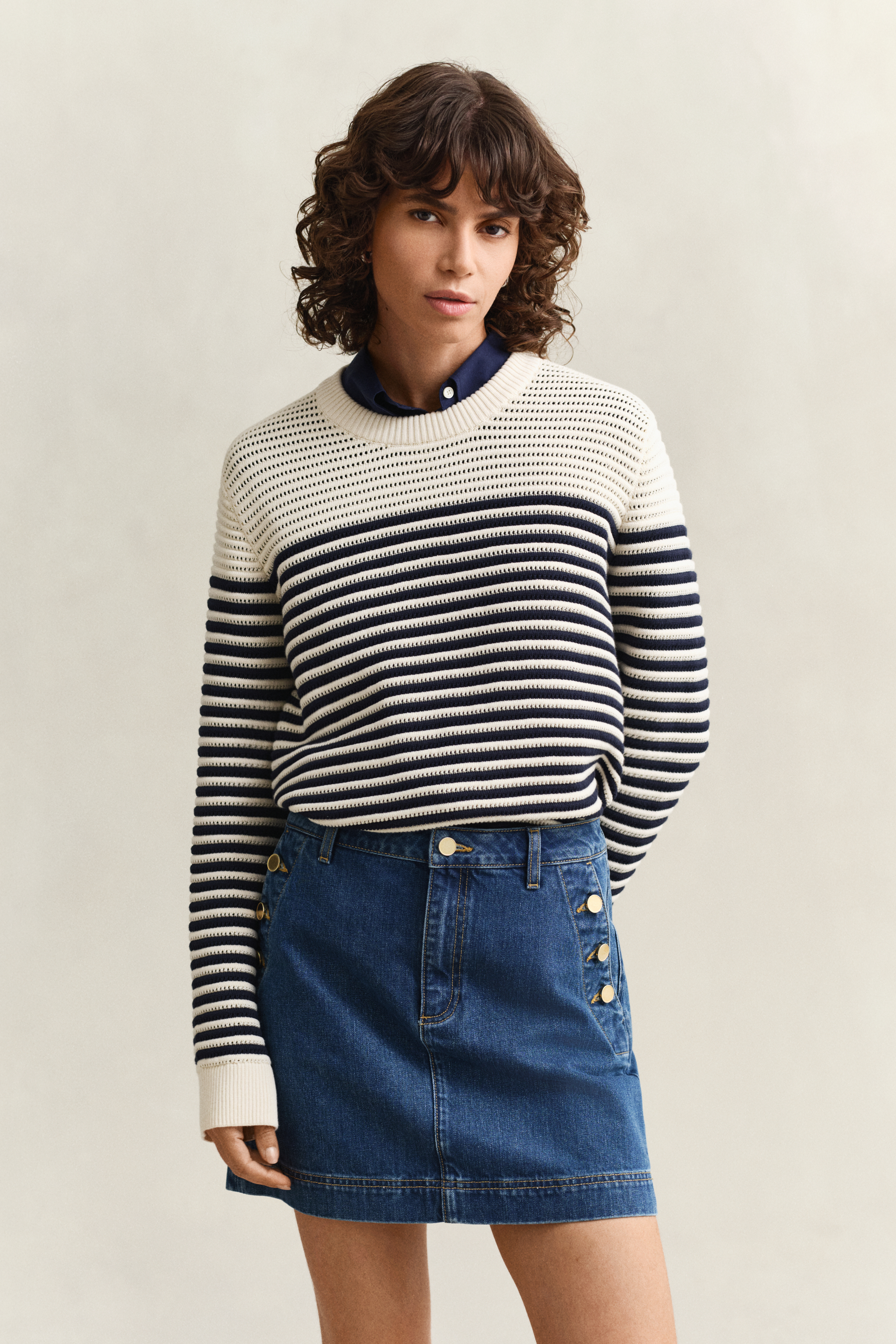 Gant Women's White Striped Crew Neck Sweater (Xl) Cream