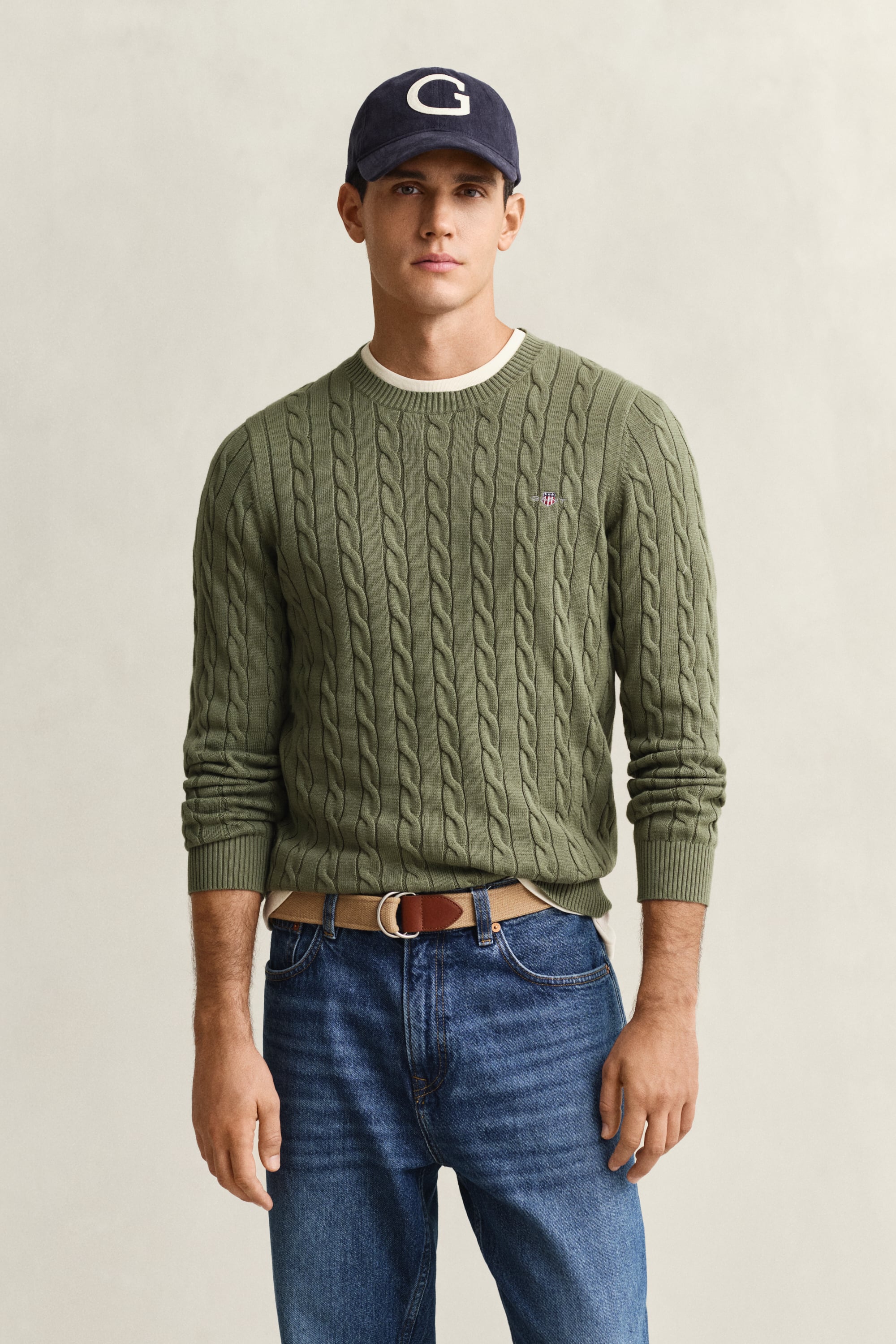 Gant Men's Dry Herb Green Cotton Cable Knit Crew Neck Sweater (4Xl)