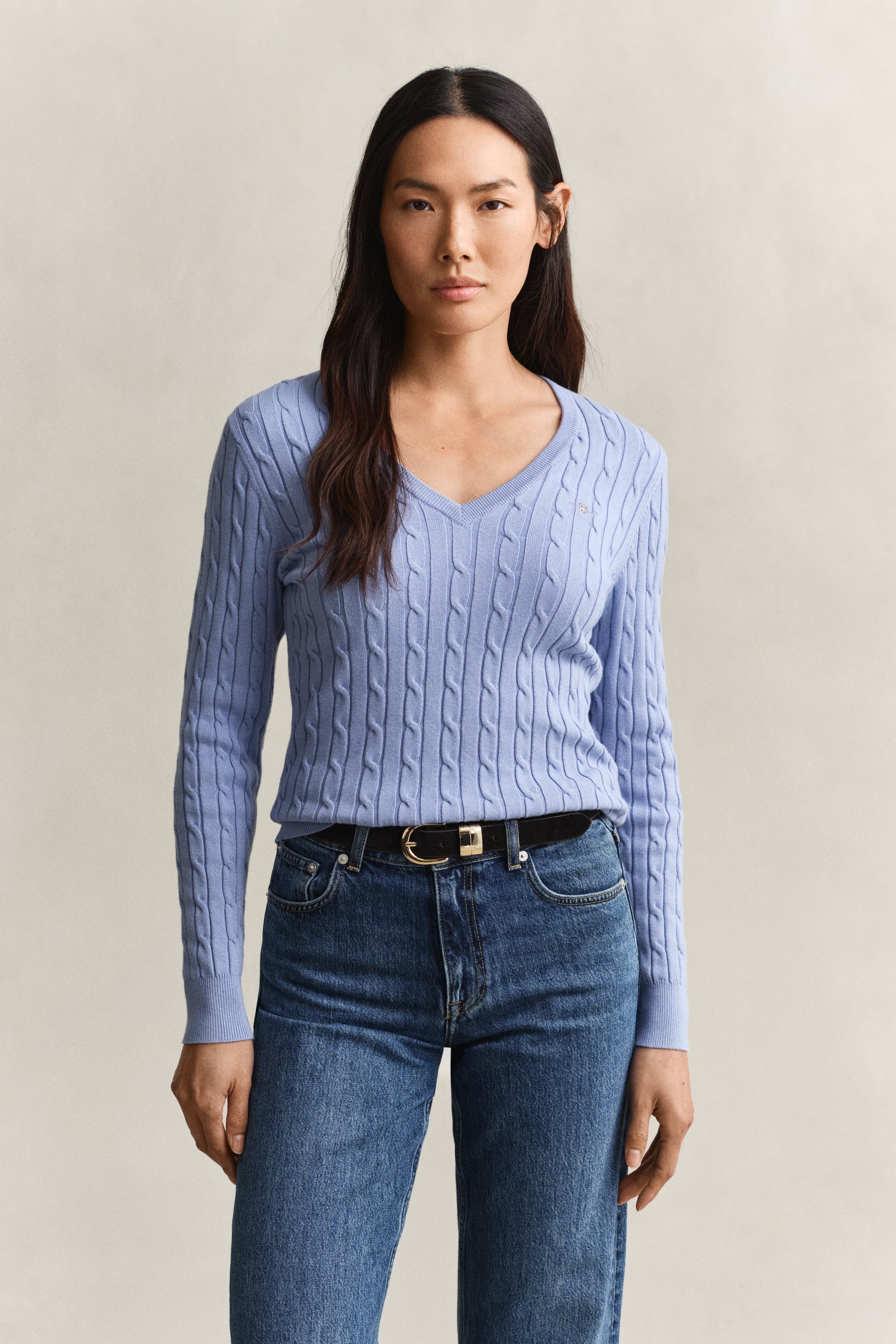Gant Stretch Cotton Cable Knit V-neck Sweater