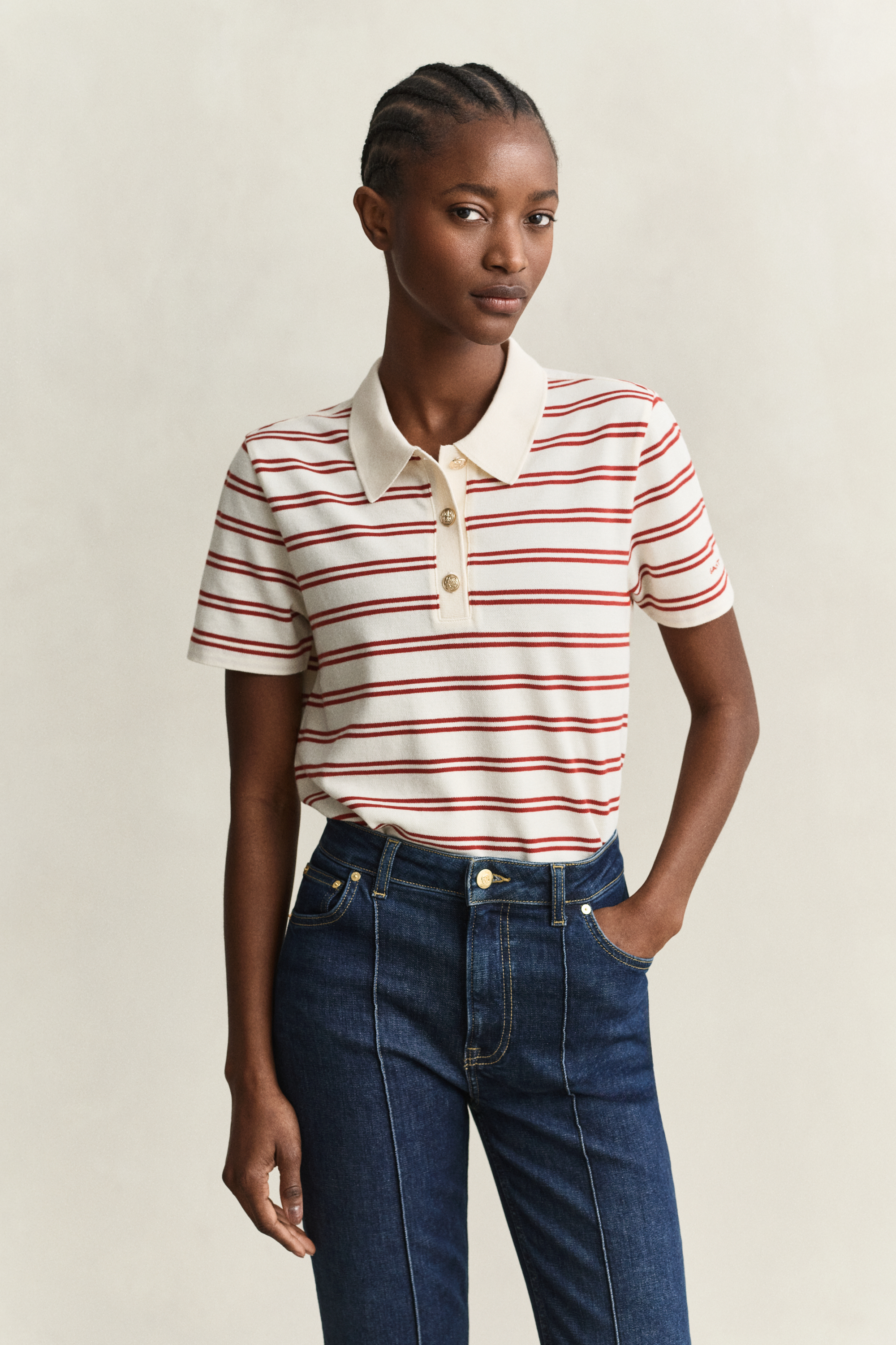 Gant Women's White Striped Piqué Polo Top (Xs) Cream