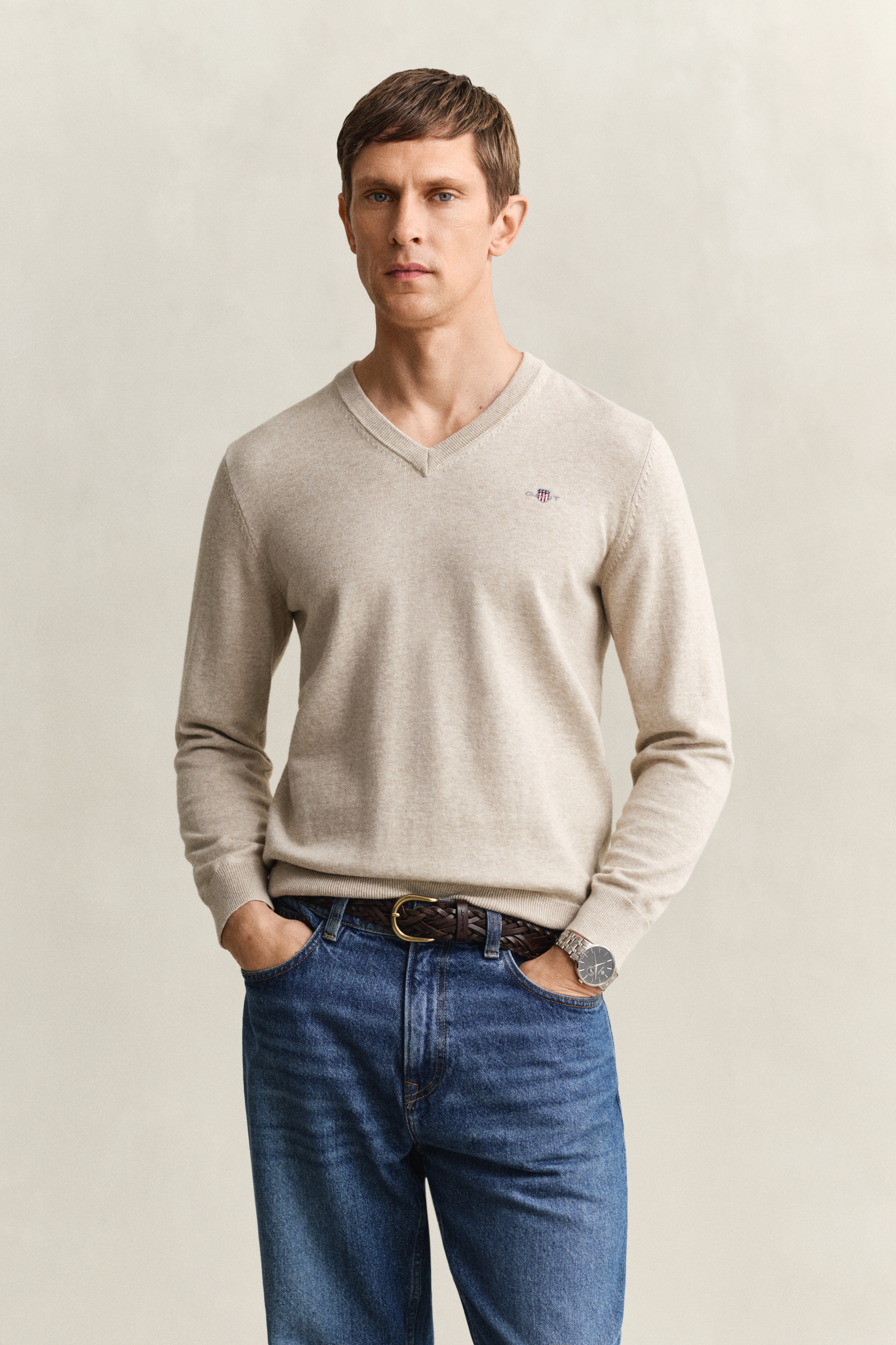 Gant Men's Beige Classic Cotton V-Neck Sweater (Xxxl) Oat Melange