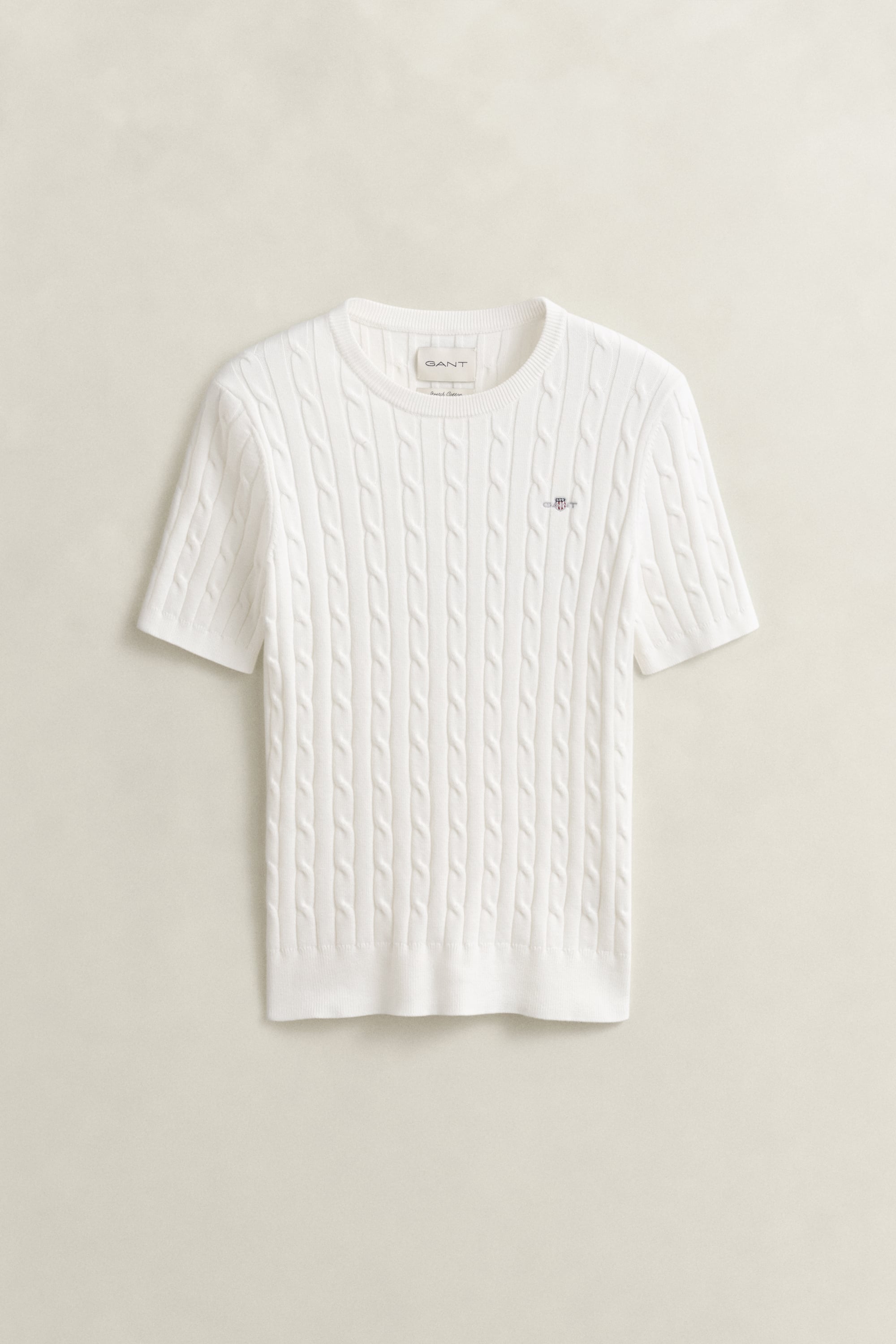 Stretch Cotton Cable Knit Short Sleeve Sweater