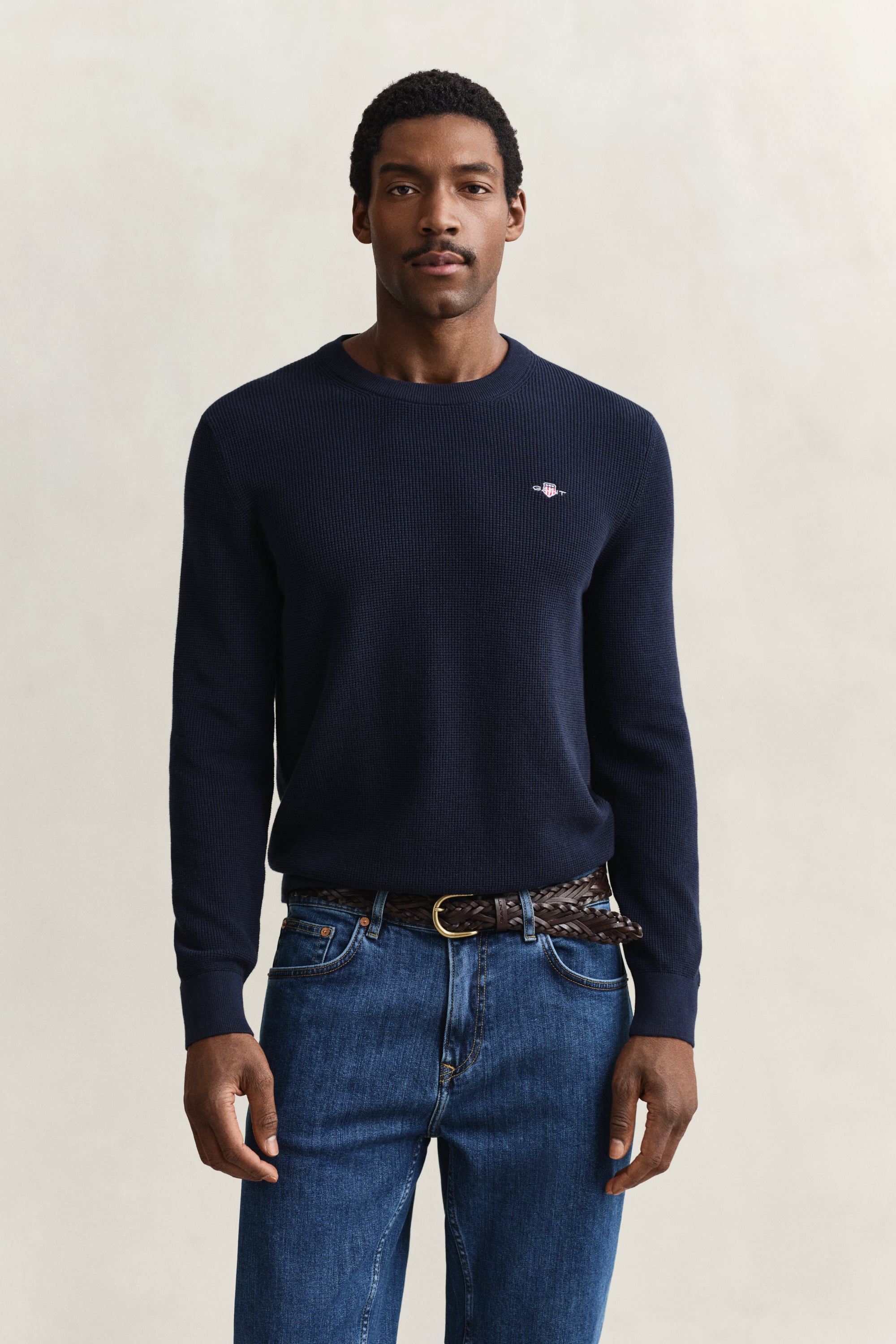 Gant Men's Navy Textured Cotton Crew Neck Sweater (Xxl) Evening Blue