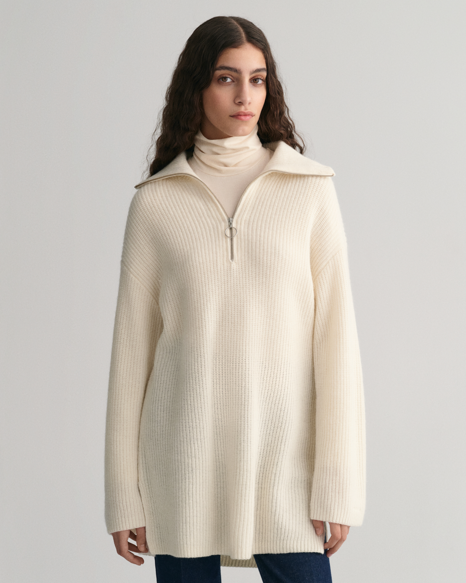 GANT Women Ribbed Wool Half-Zip Sweater (XXL) Beige product