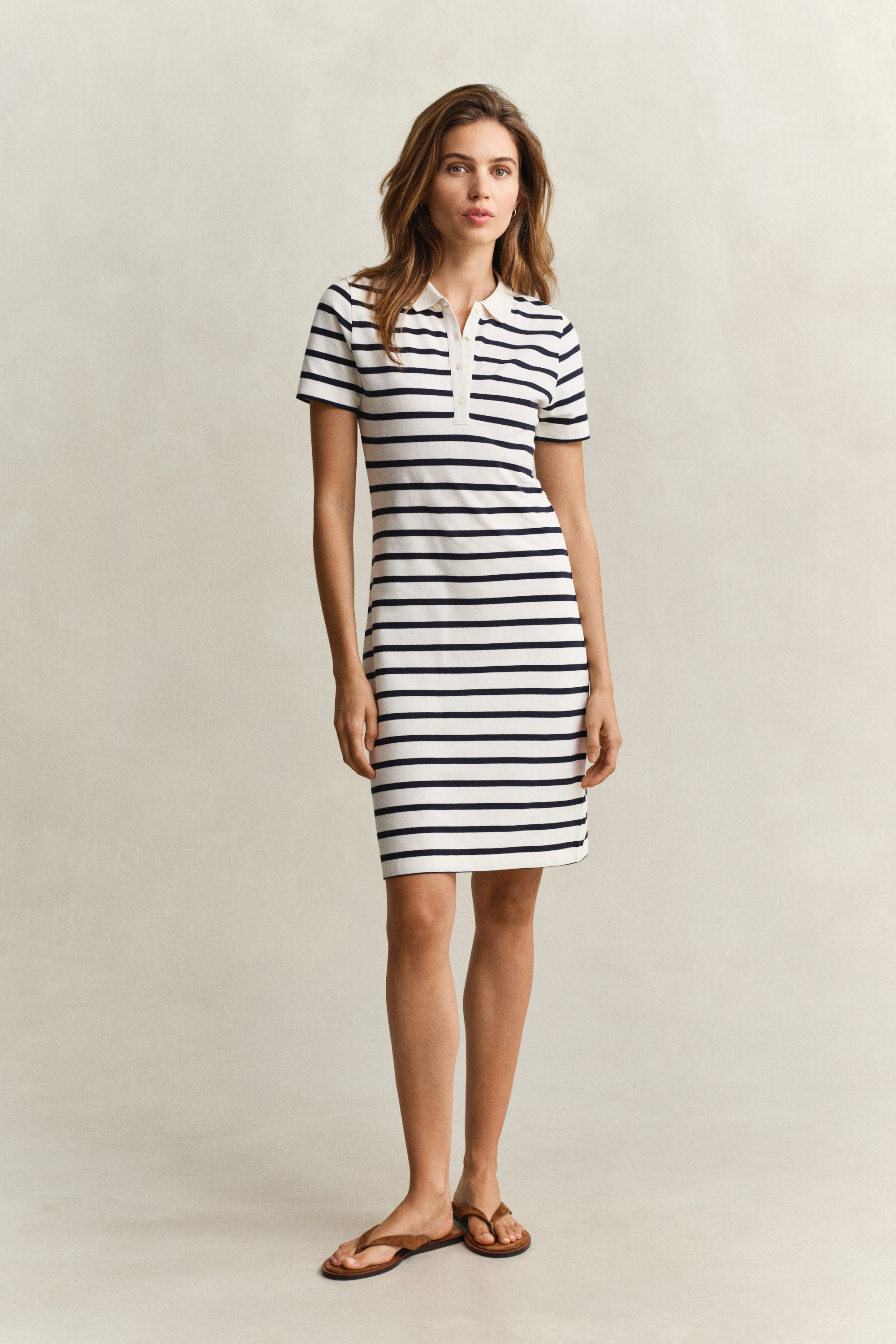 Gant Women's Off White Striped Piqué Polo Dress (L) Eggshell