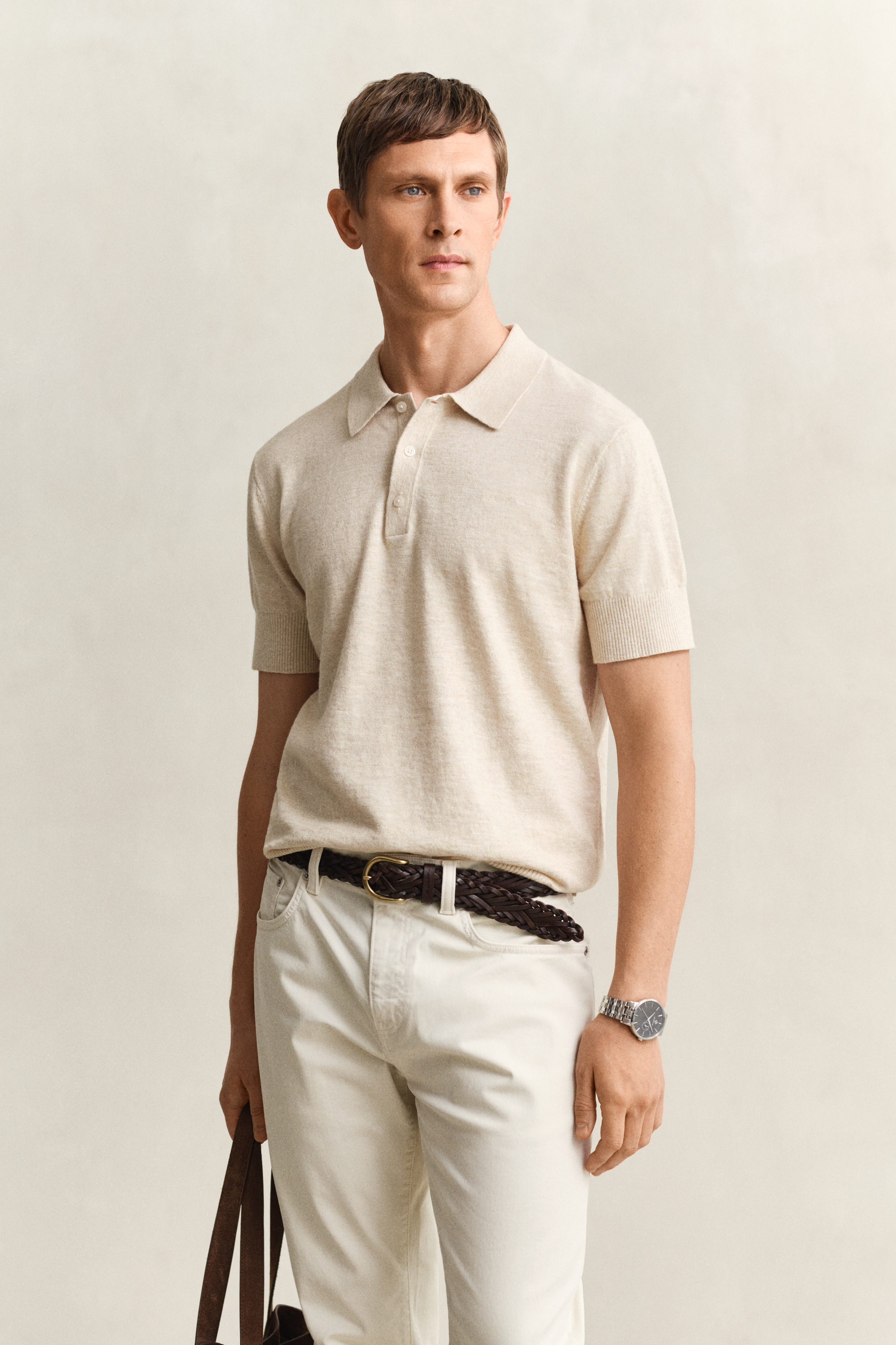 Gant Men's Beige Slub Cotton Blend Short Sleeve Polo Sweater (Xxxl) Seed Melange