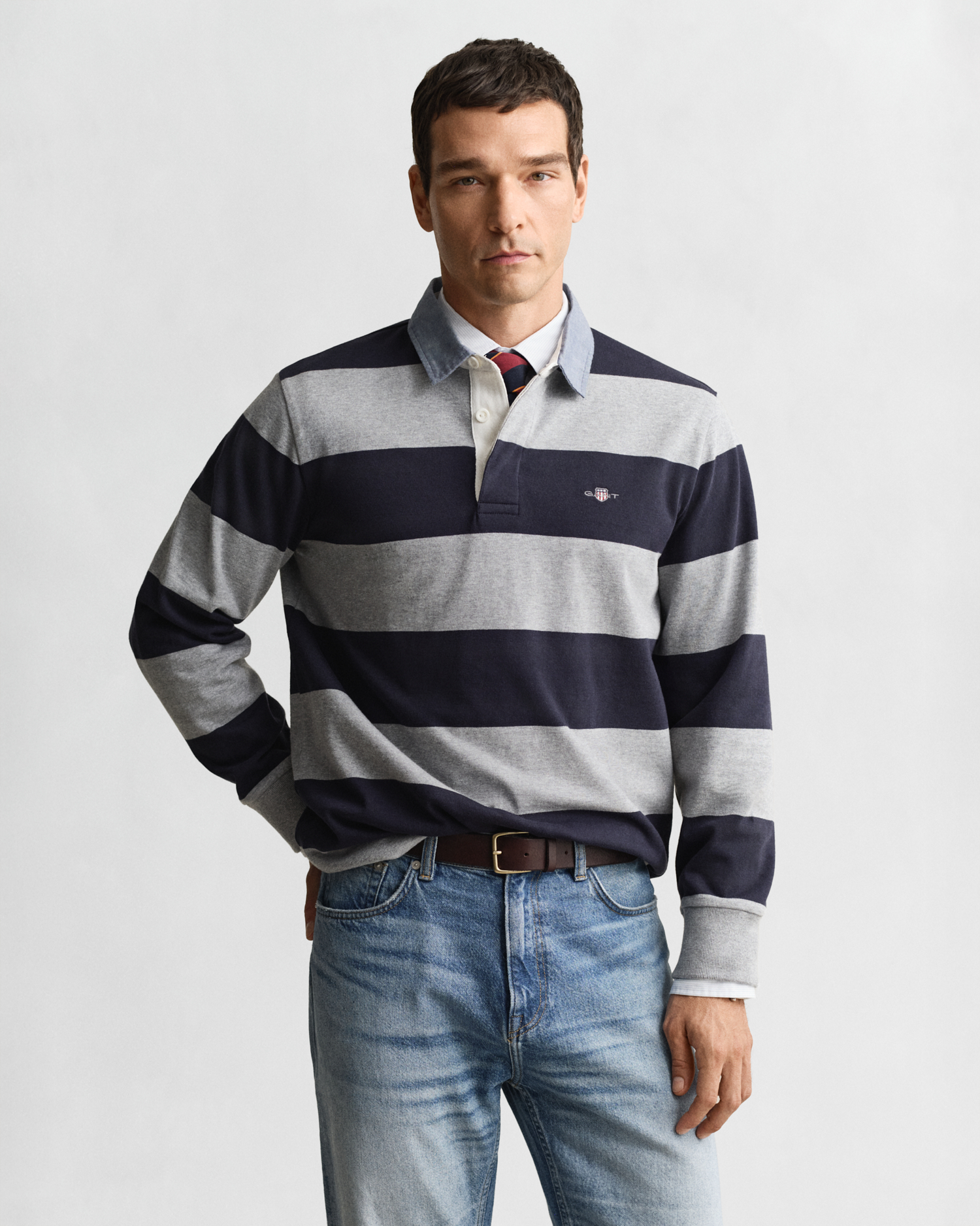 Gant Men's Grey Chambray Collar Striped Heavy Rugger (Xl) Melange