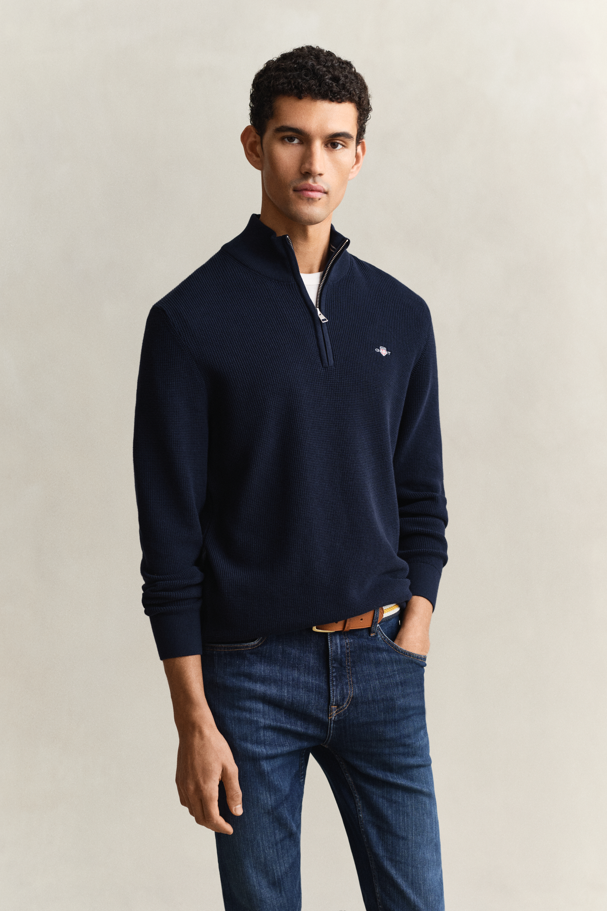 Gant Men's Navy Textured Cotton Half-Zip Sweater (M) Evening Blue