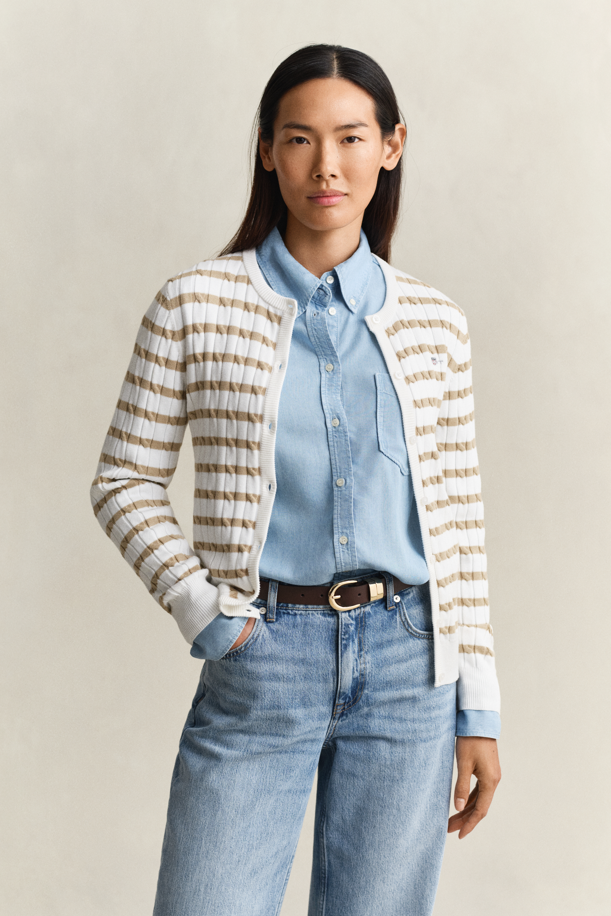 Gant Women's Oat Beige Striped Cable Knit Cardigan (Xxl)