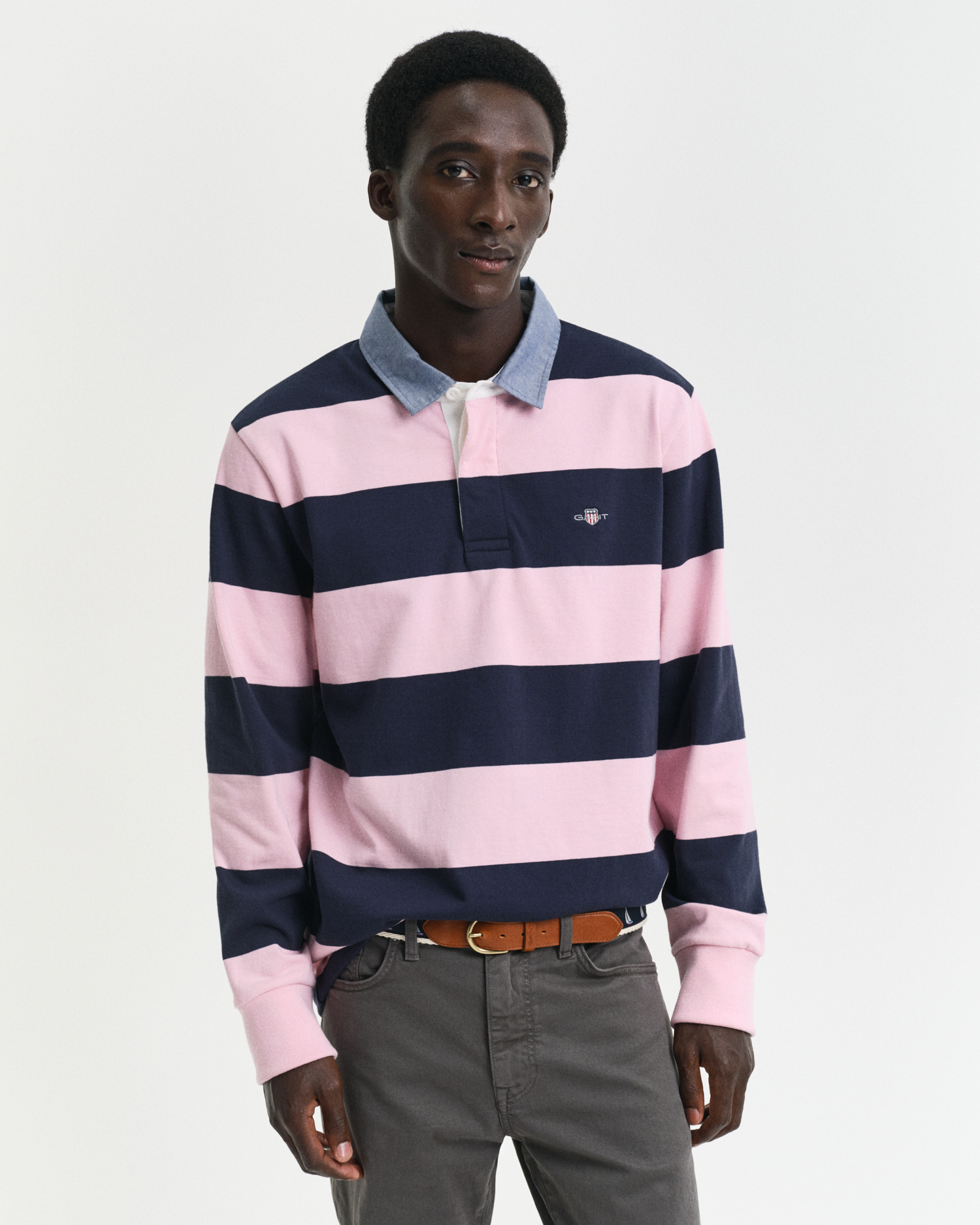 Gant Men's Pink Chambray Collar Striped Heavy Rugger ) Xxl