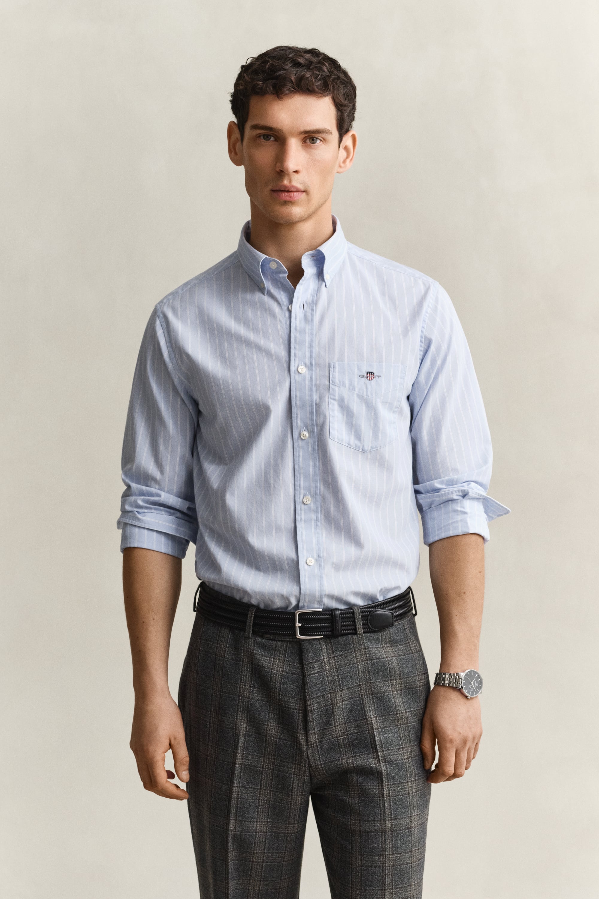 Gant Men's Light Blue Striped Classic Poplin Shirt (L)
