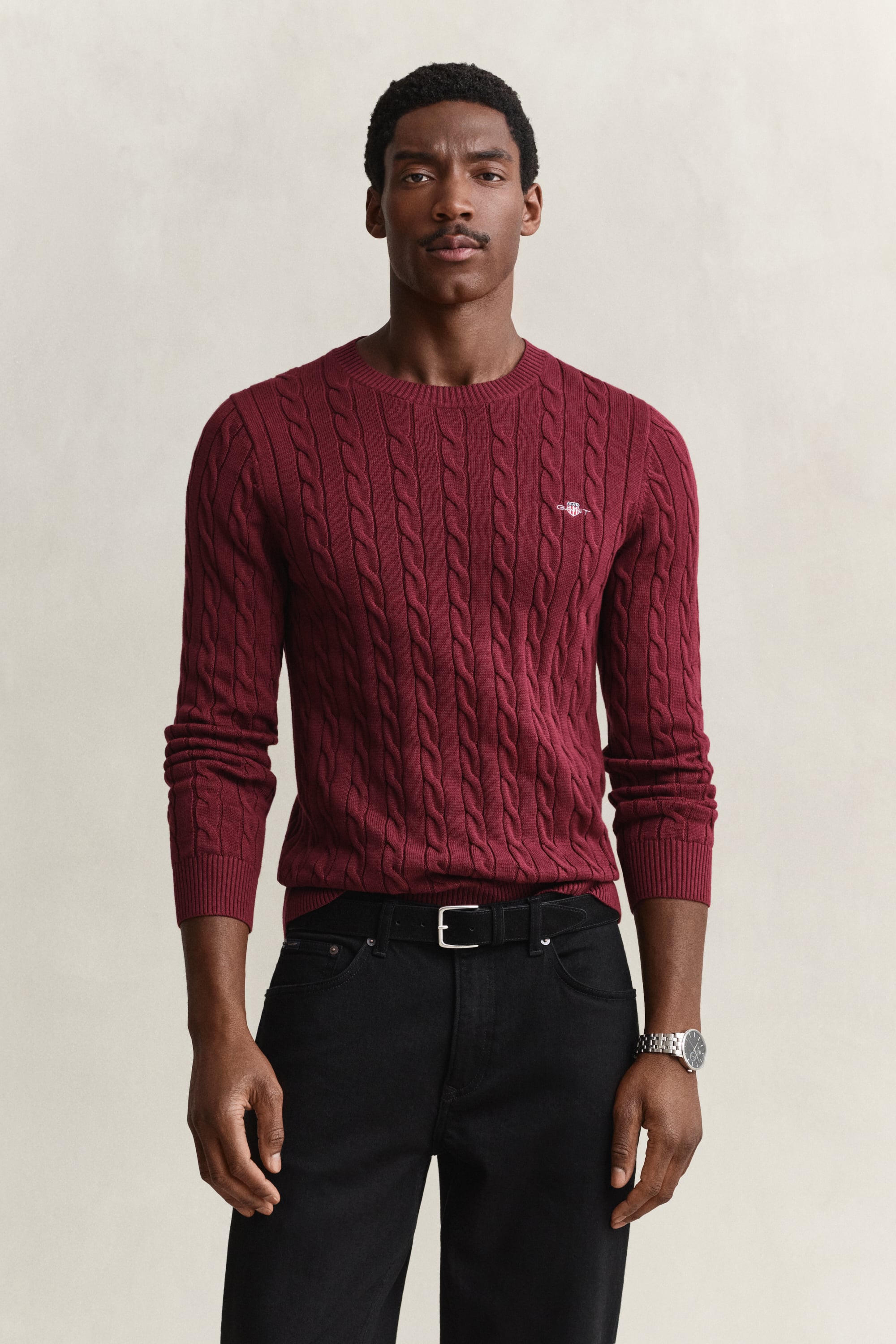 Gant Men's Red Cotton Cable Knit Crew Neck Jumper - 676 Deep Grape Wine - Size 40 - Image 2