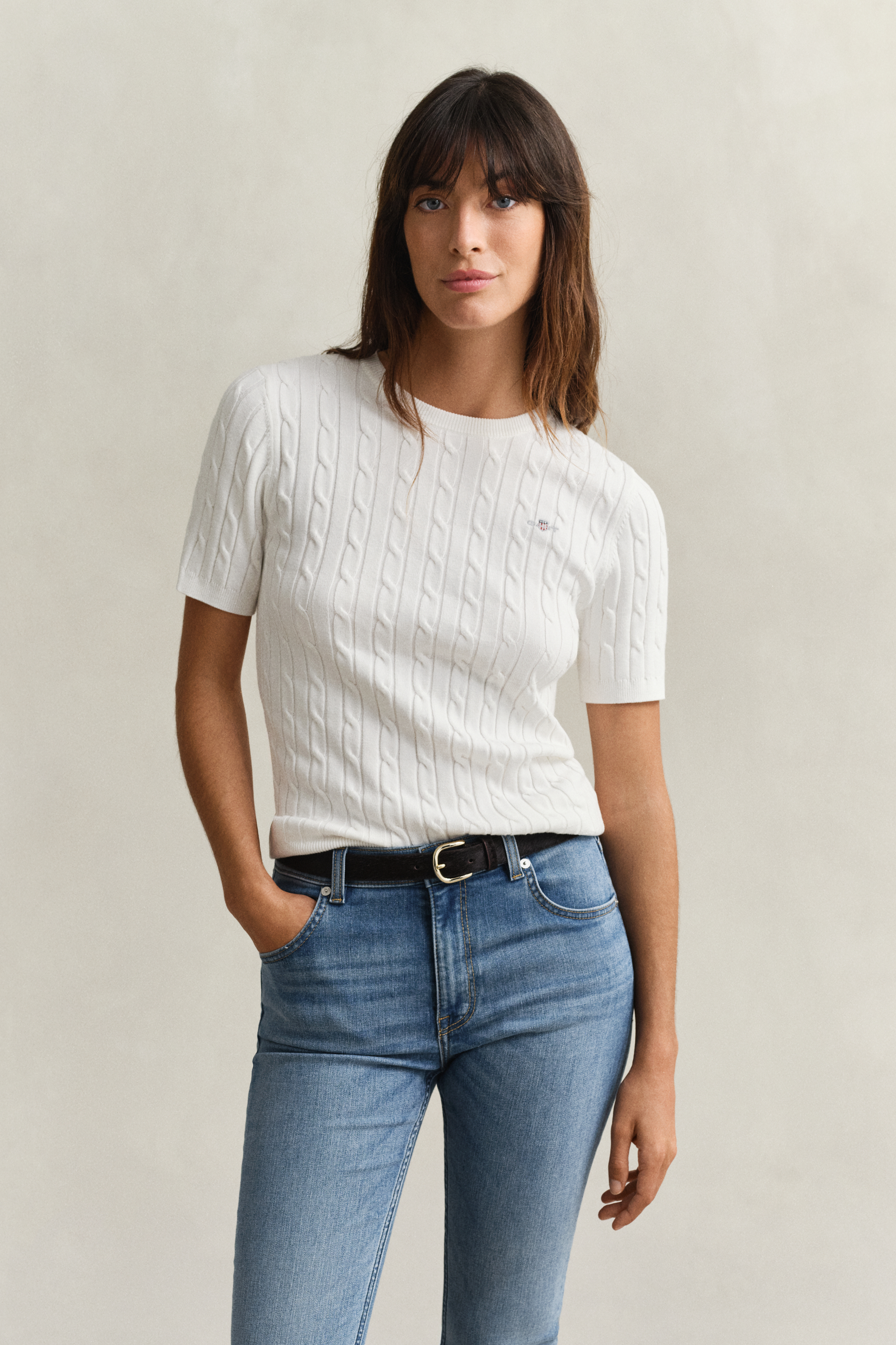 Gant Women's Off White Cable Knit Short Sleeve Sweater (Xxl) Eggshell