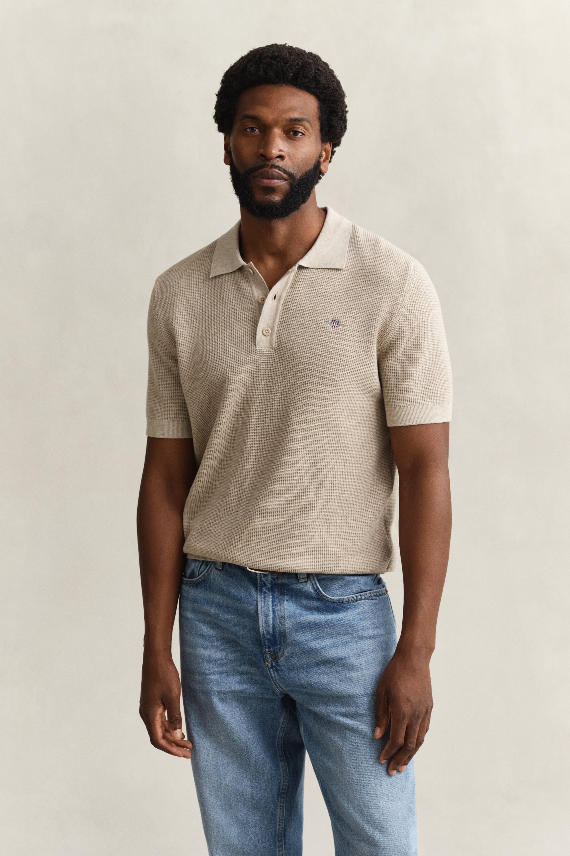 Gant Men's Beige Textured Cotton Polo Sweater (L) Oat Melange