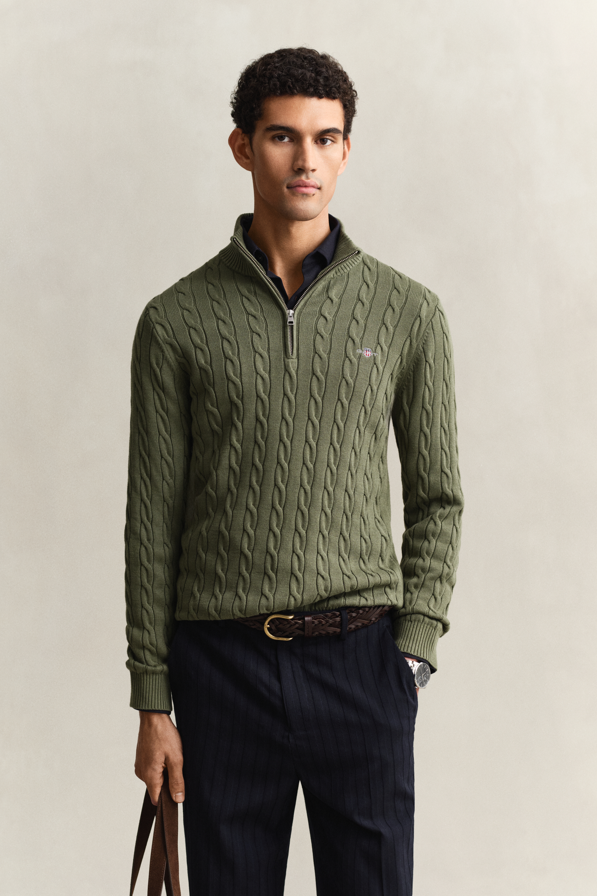 Gant Men's Dry Herb Green Cotton Cable Knit Half-Zip Sweater (4Xl)