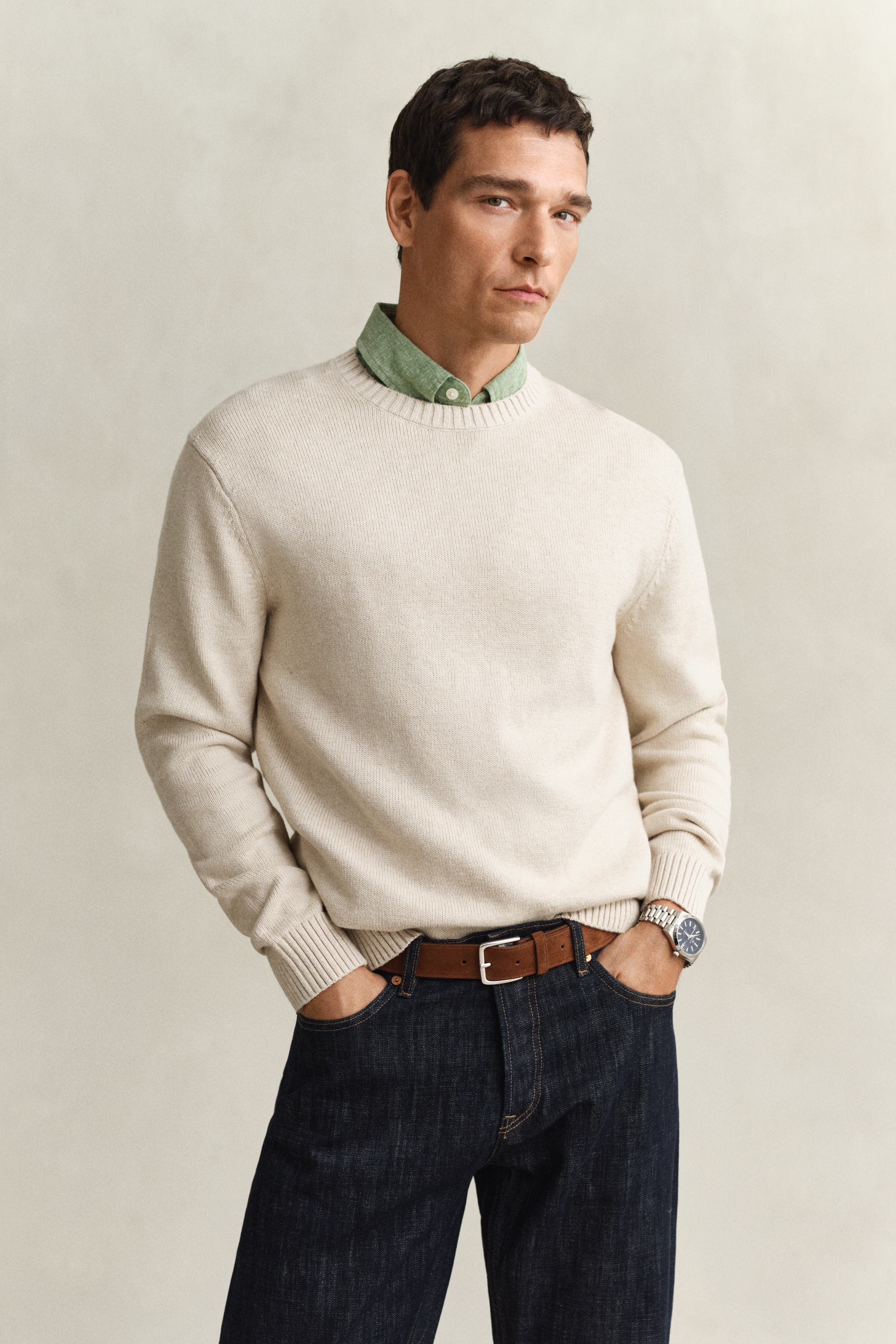 Gant Men's Beige Cotton Blend Crew Neck Sweater (Xxxl) Seed Melange
