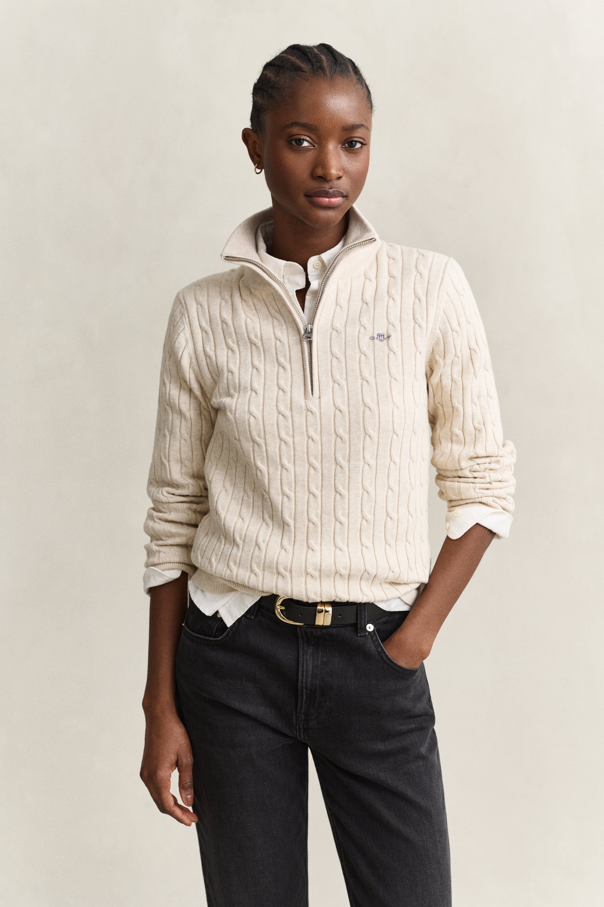 Gant Stretch Cotton Cable Knit Half-zip Sweater