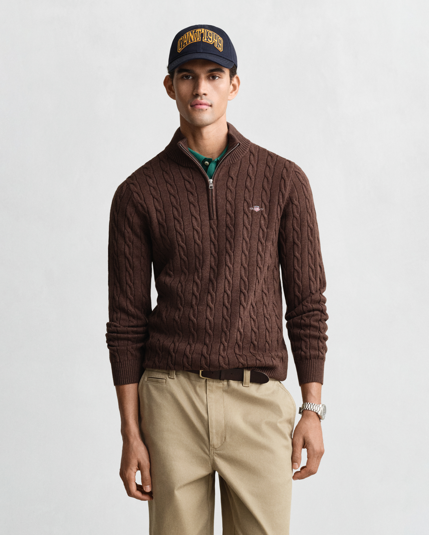 Gant Men's Brown Cotton Cable Knit Half-Zip Sweater (M) Melange