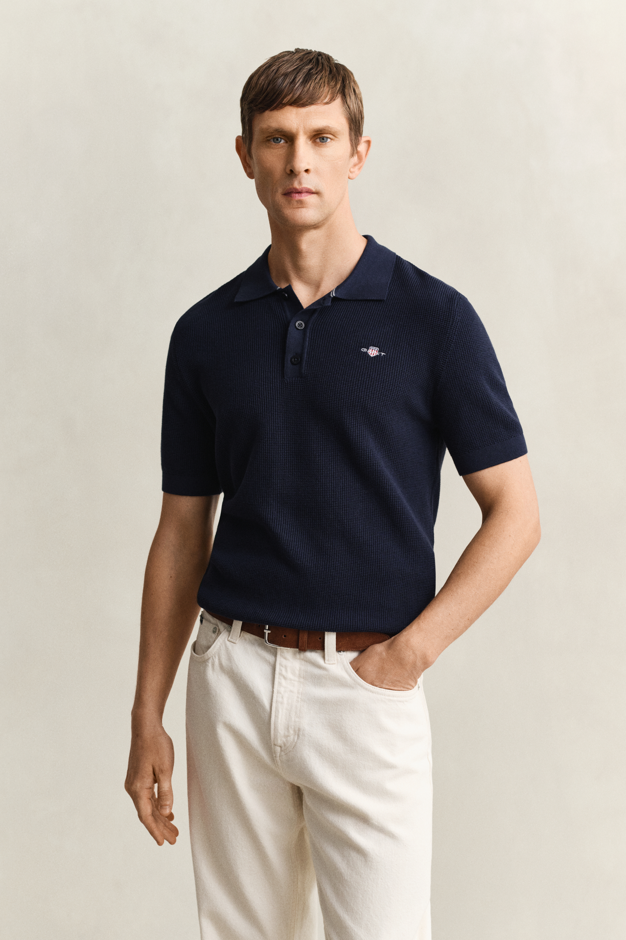 Gant Men's Navy Textured Cotton Polo Sweater (M) Evening Blue