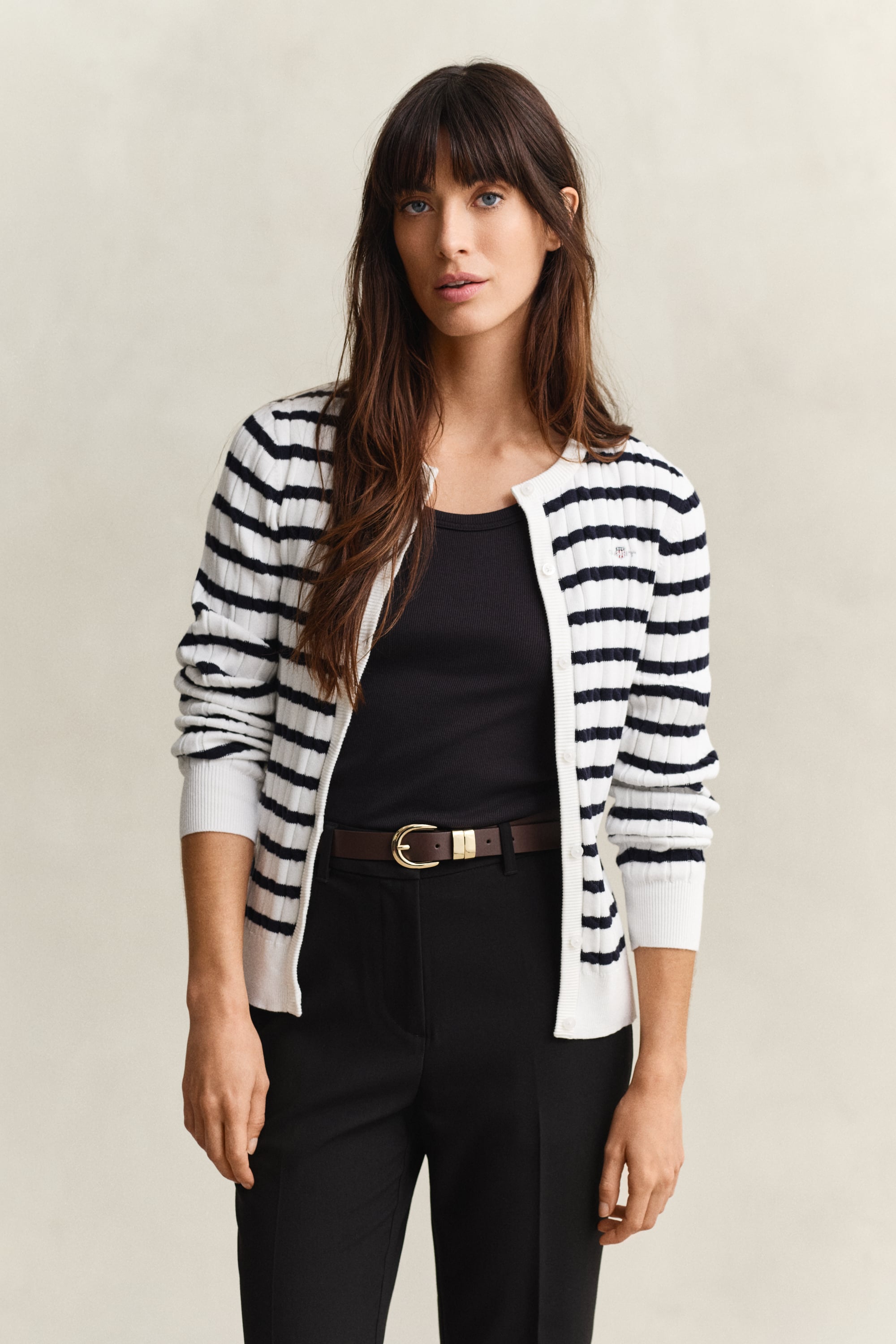Gant Women's Off White Striped Cable Knit Cardigan (Xl) Eggshell