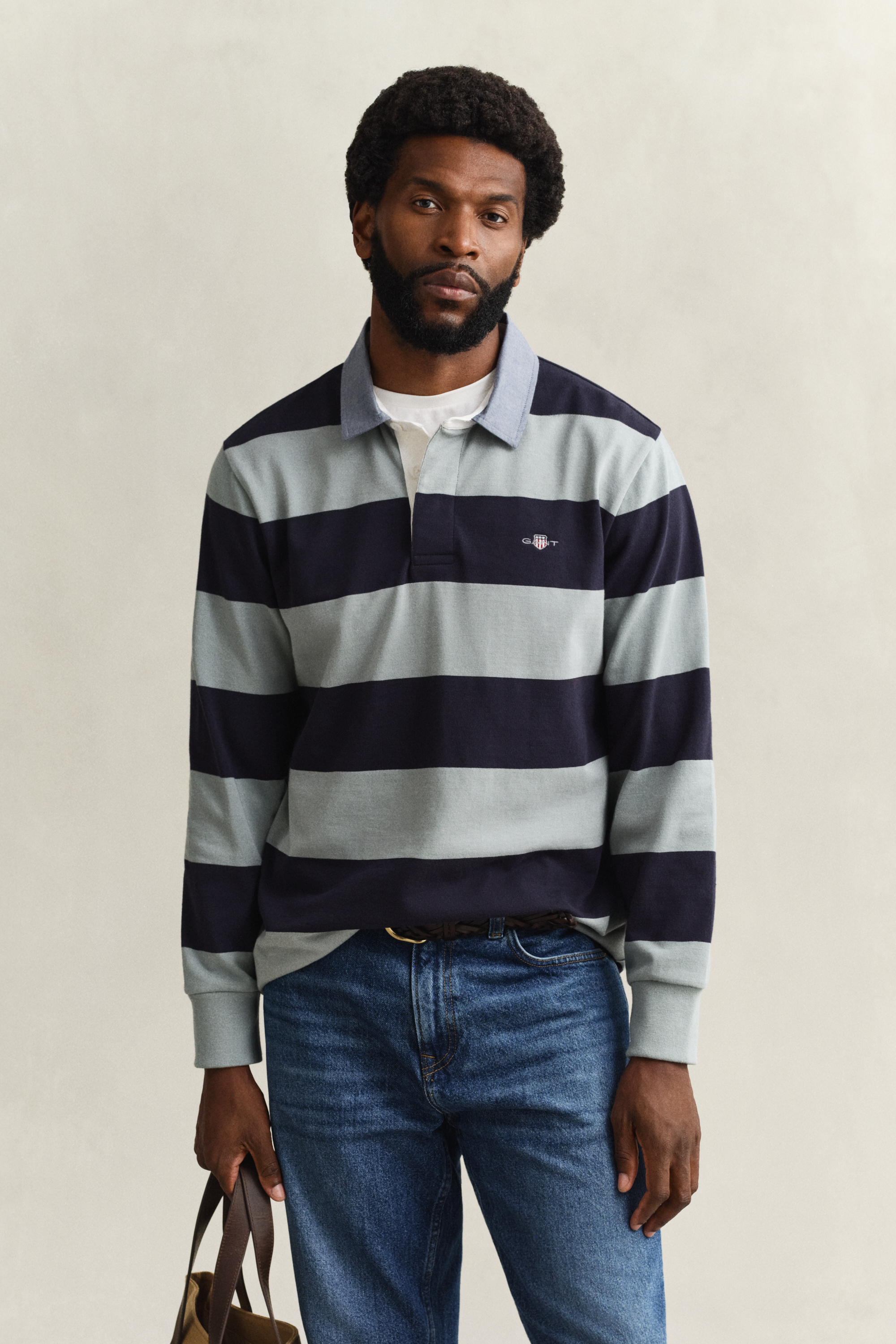 Gant Men's Ceramic Grey Chambray Collar Striped Heavy Rugger (Xxxl)