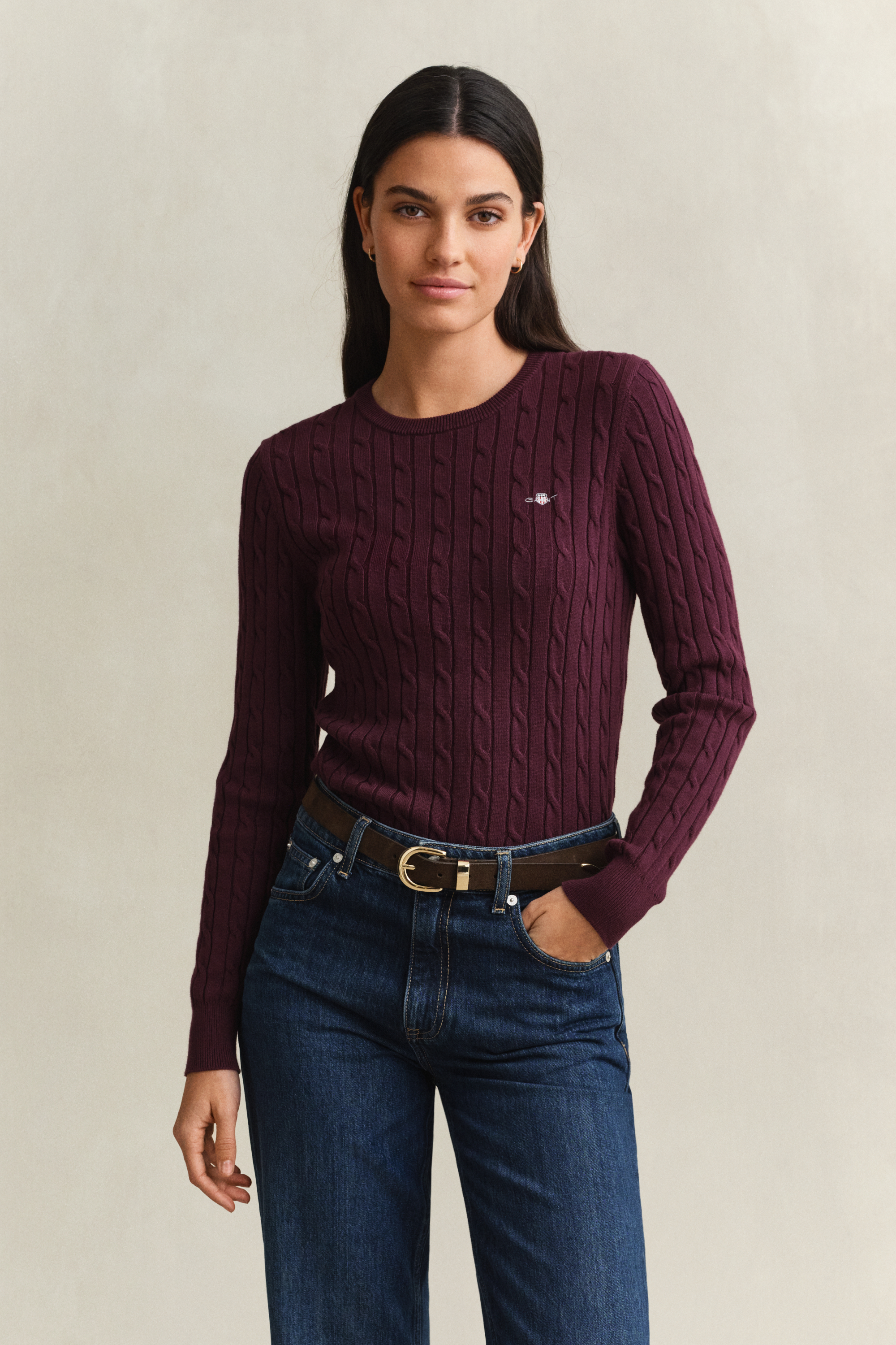 Gant Women's Darkened Wine Stretch Cotton Cable Knit Crew Neck Sweater (S)