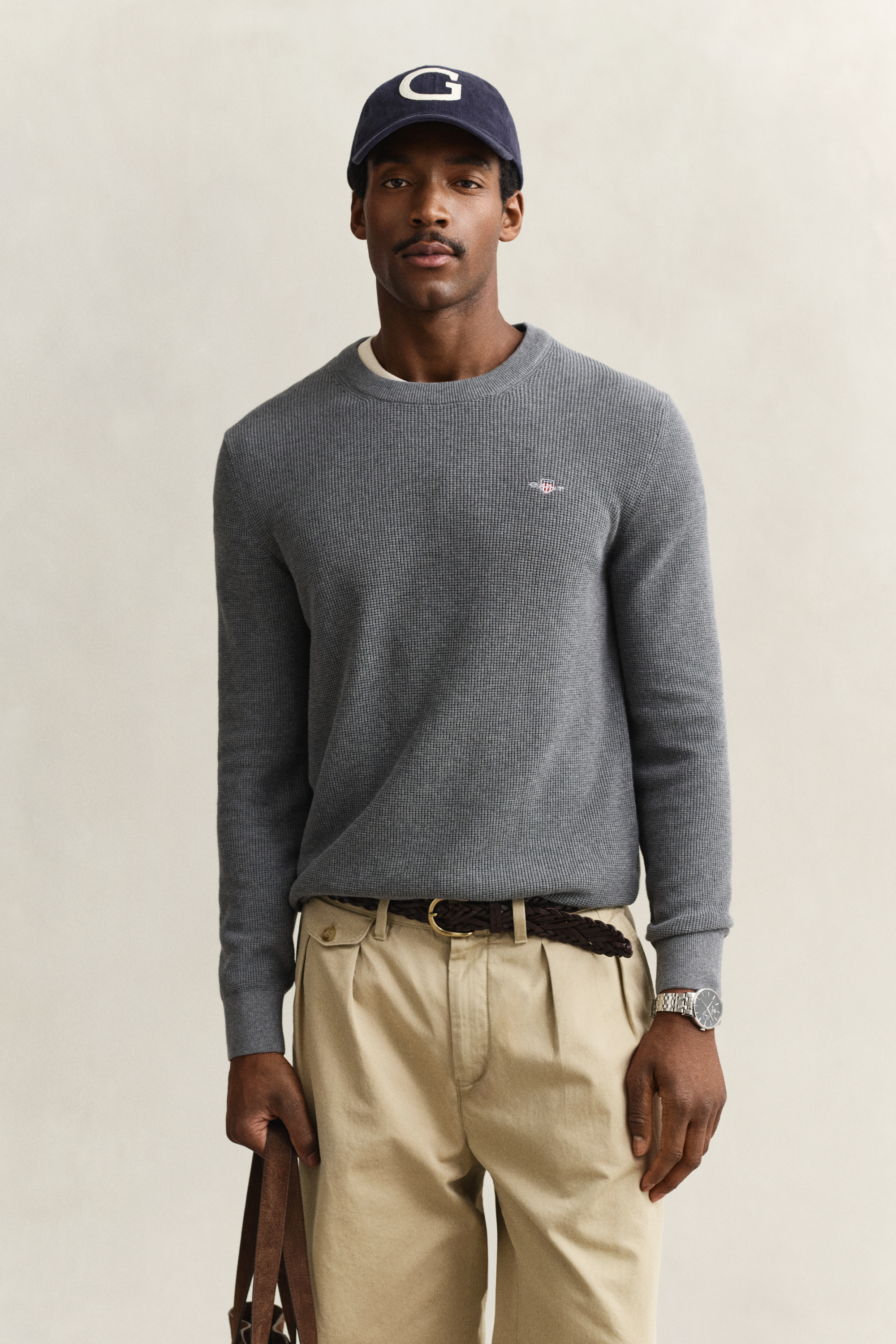Gant Men's Dark Grey Textured Cotton Crew Neck Sweater (Xxxl) Melange