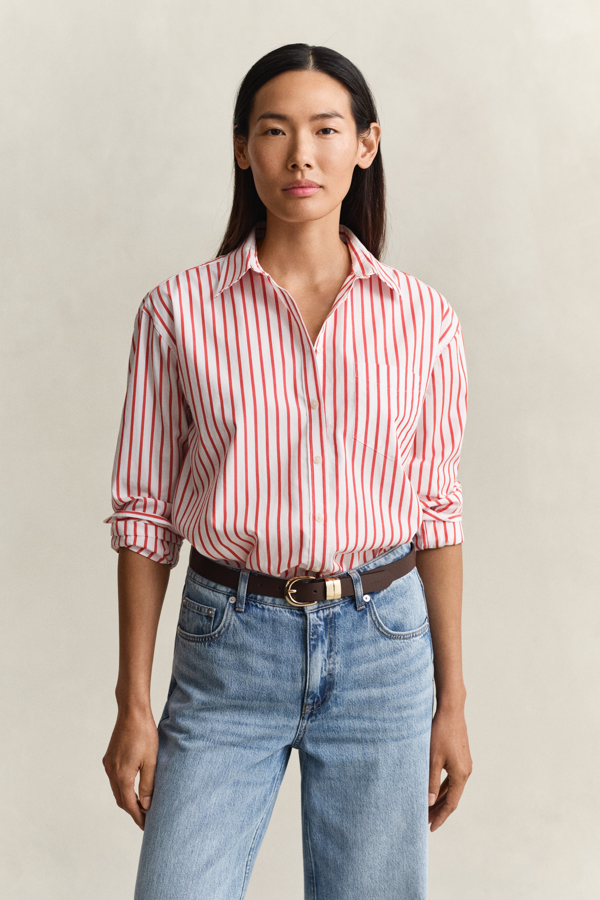 Gant Women's Perfect Red Relaxed Fit Classic Striped Poplin Shirt (38)