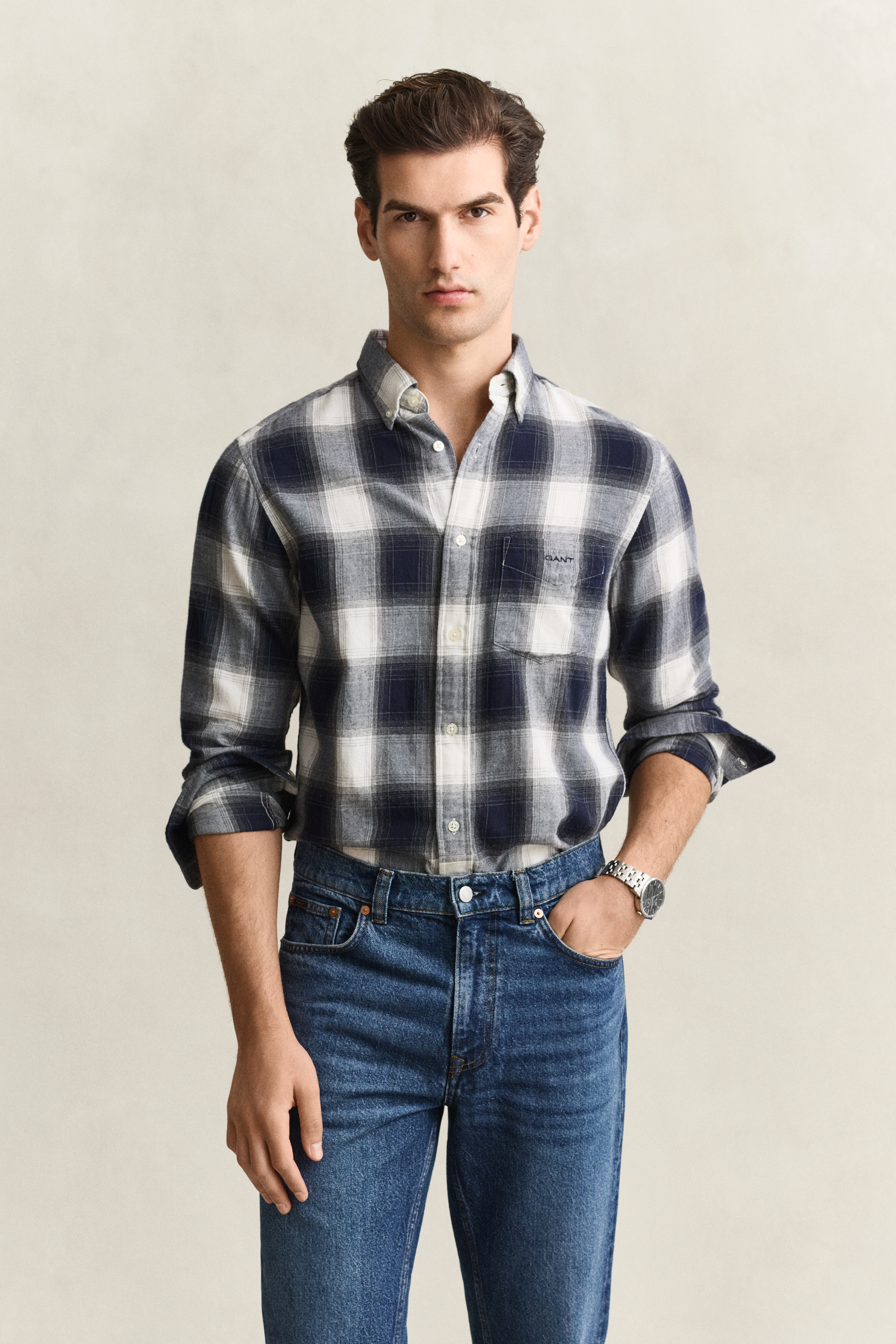Gant Men's Navy Reg Windblown Flannel Check Shirt Evening Blue - Size 38 - Image 3