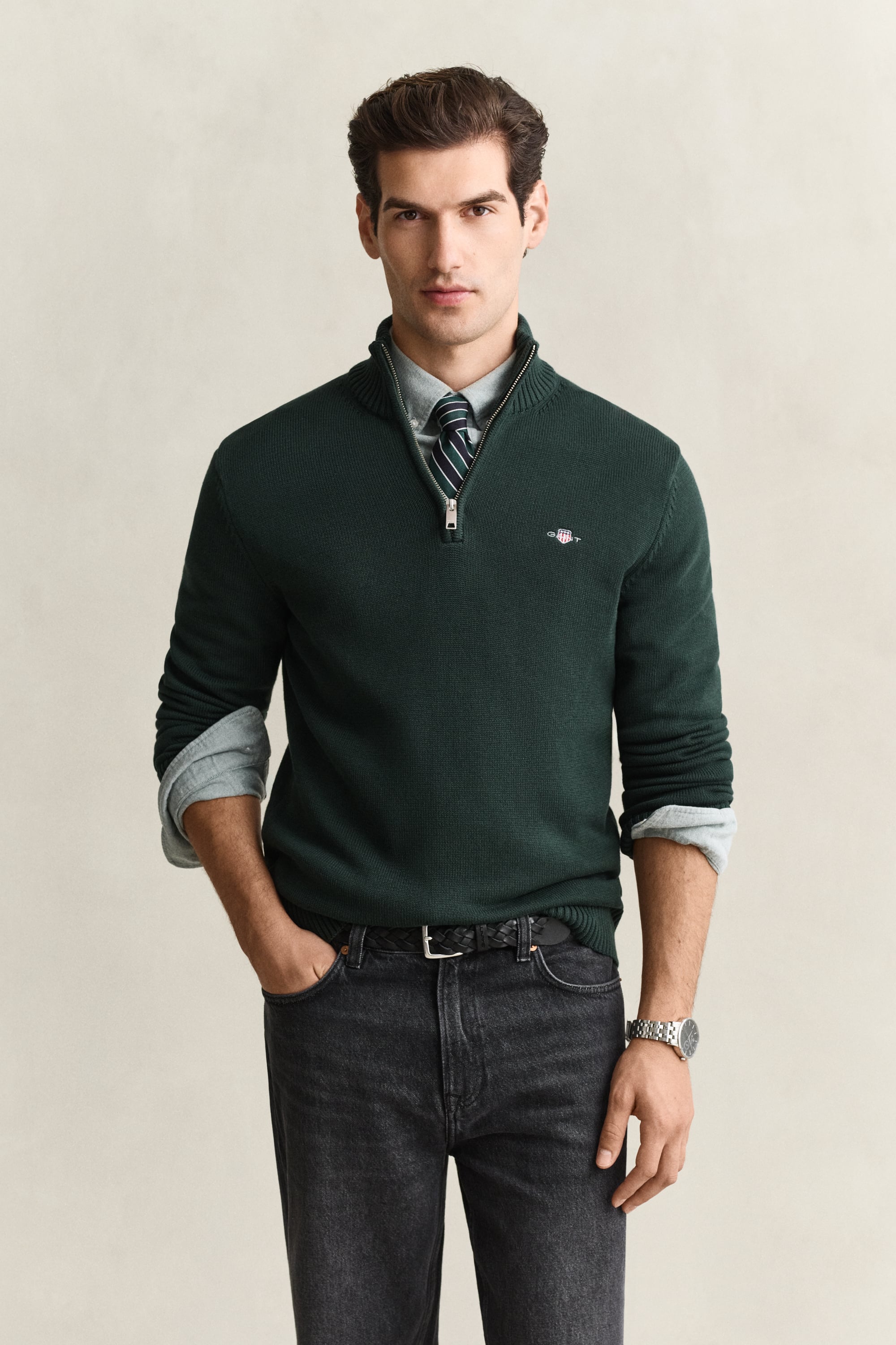 Gant Men's Green Casual Cotton Half-Zip Sweater (Xxl) Tartan