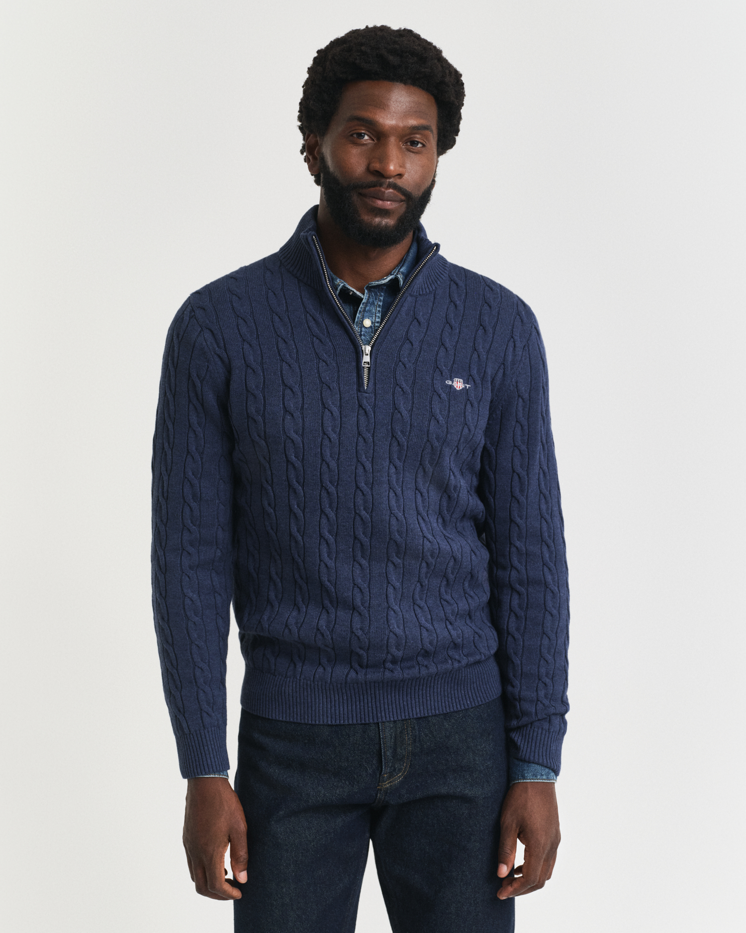 Gant Men's Blue Cotton Cable Knit Half-Zip Sweater (4Xl) Denim Melange