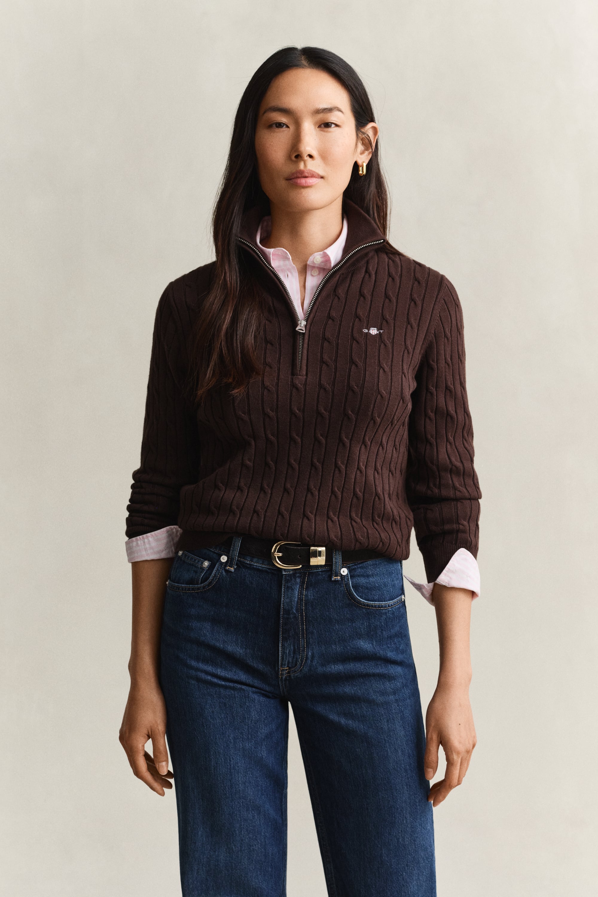 Gant Stretch Cotton Cable Knit Half-zip Sweater In Brown
