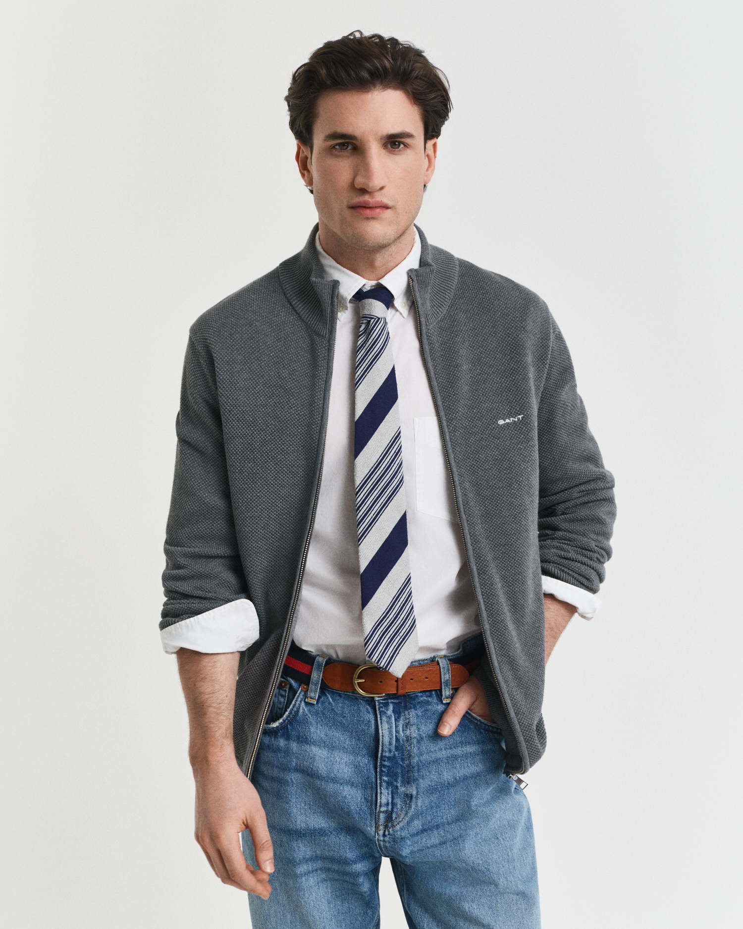 Gant Men's Dark Grey Cotton Piqué Zip Cardigan (Xl) Melange