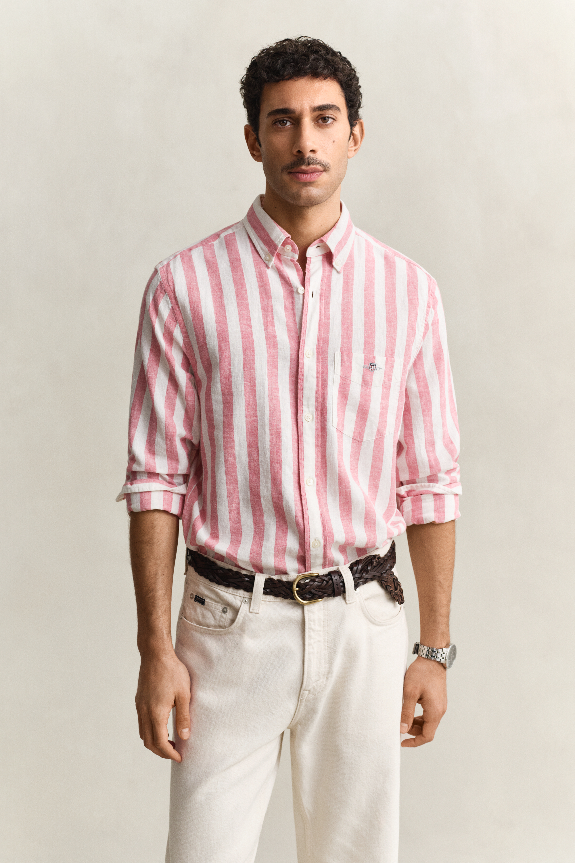 Gant Men's Rose Pink Striped Linen Blend Shirt (Xl)