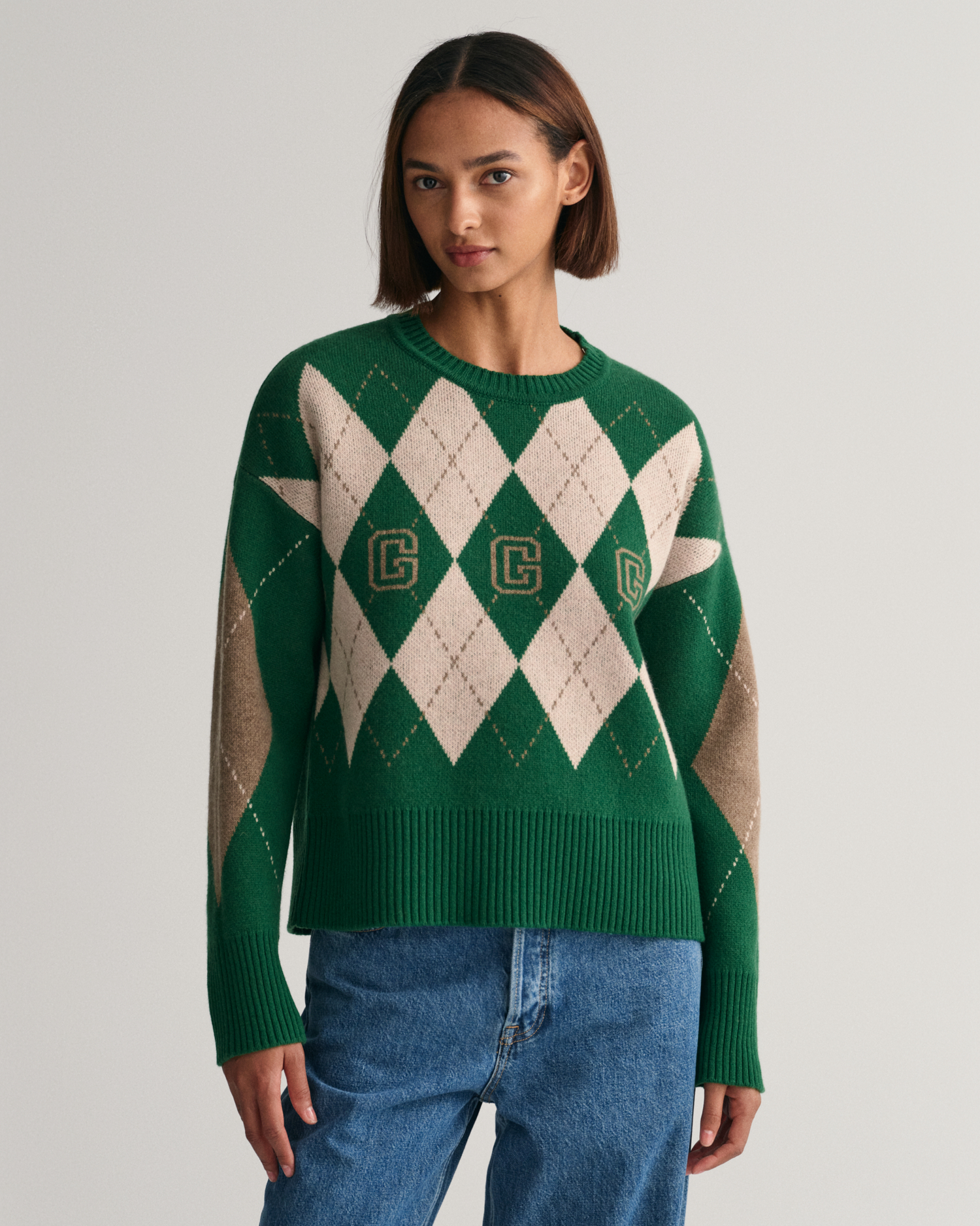 GANT Women Superfine Argyle Crew Neck Sweater (XXL) Green