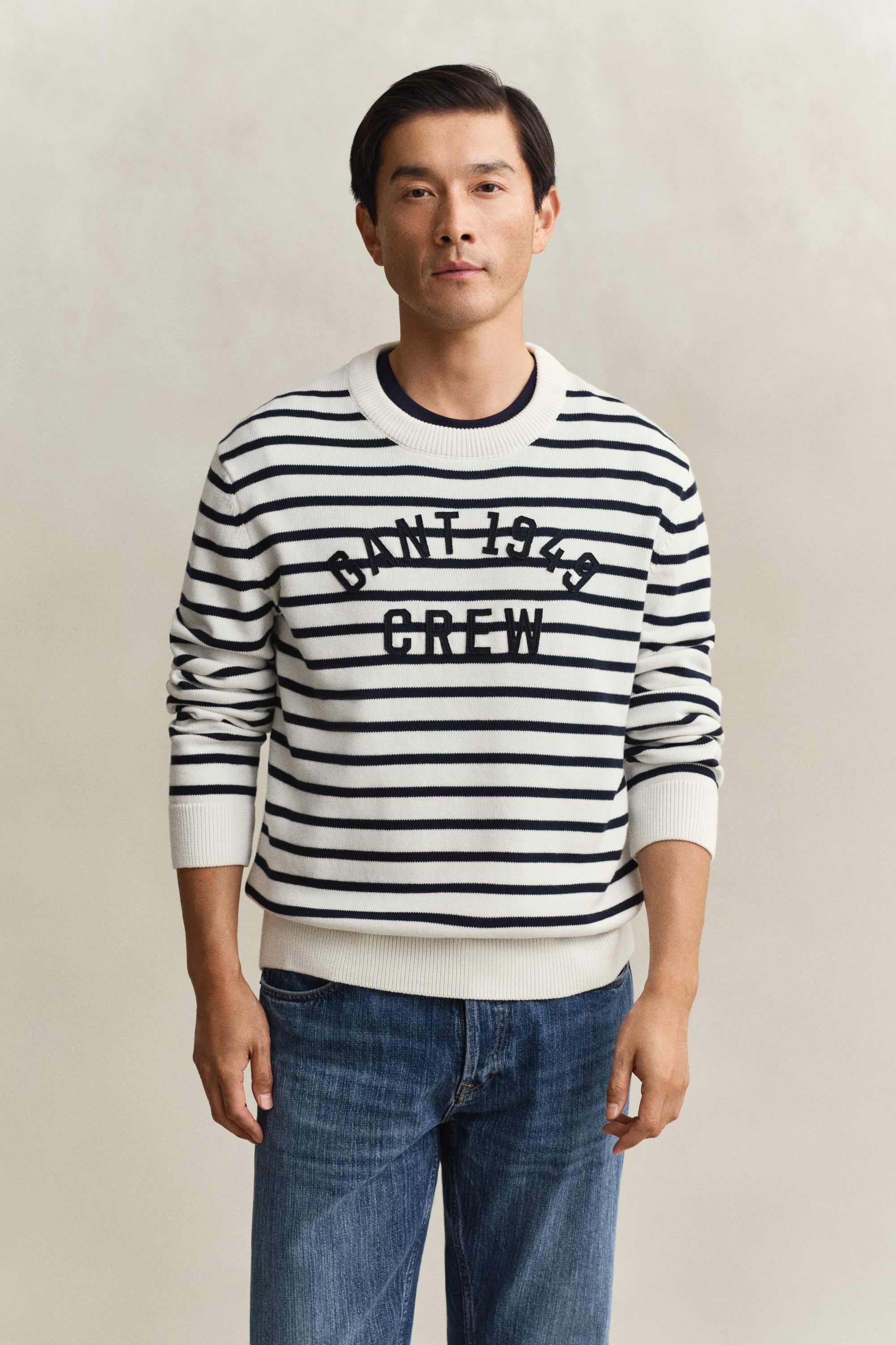 Gant Men's Off White Breton Striped Graphic Sweater (M) Eggshell