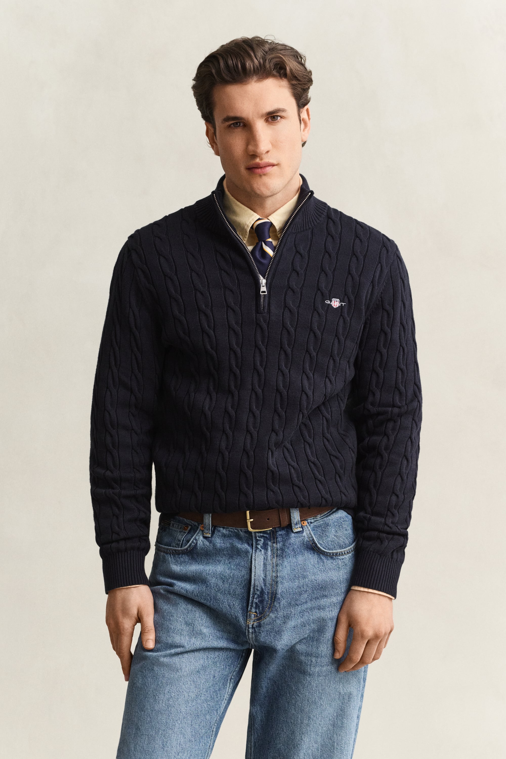 Gant Men's Blue Organic Blend Cable Knit Half-Zip Jumper In Evening Cotton, Size Xxl - Image 3