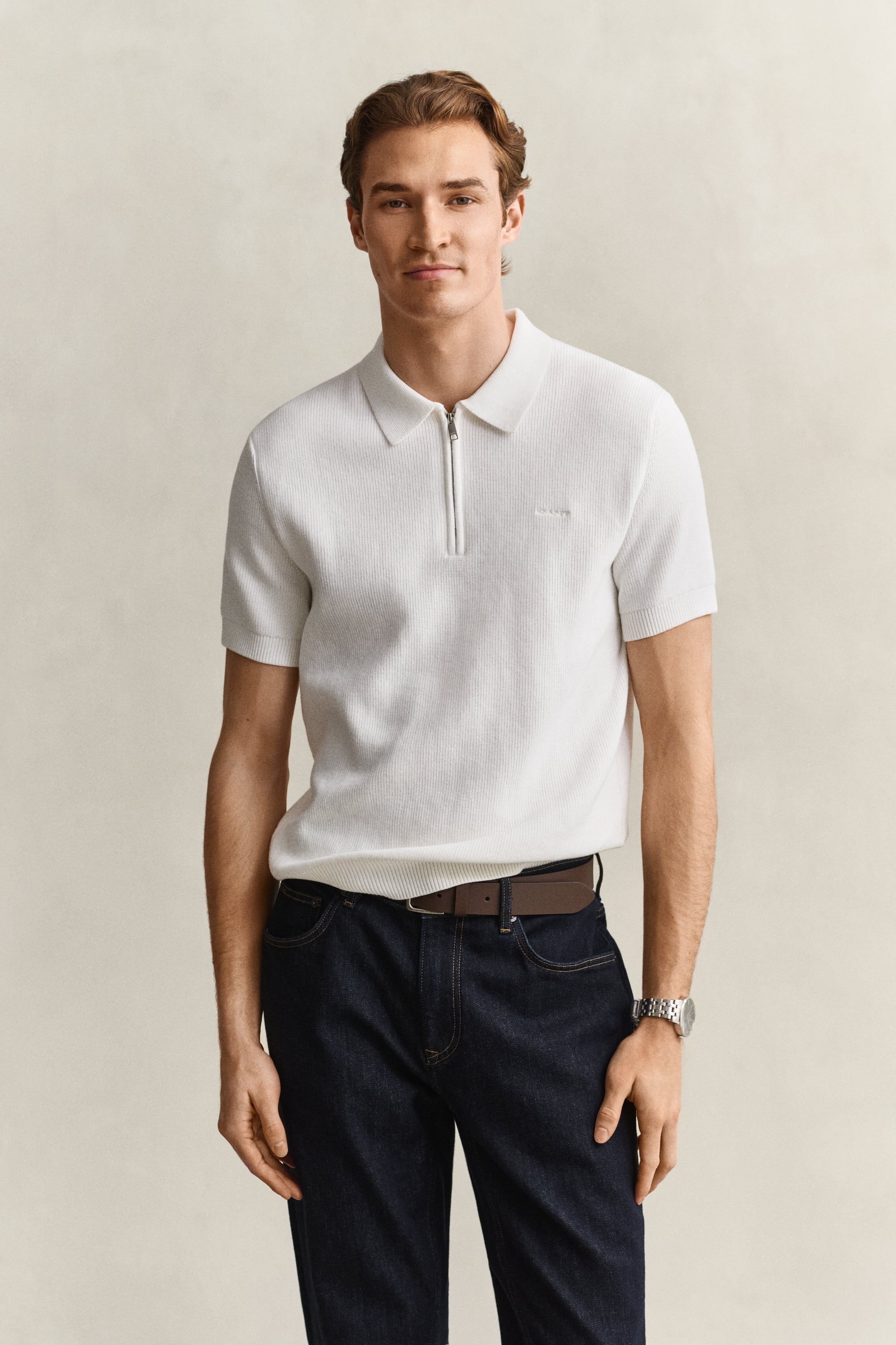 Gant Men's Off White Ribbed Cotton Polo Sweater (L) Eggshell