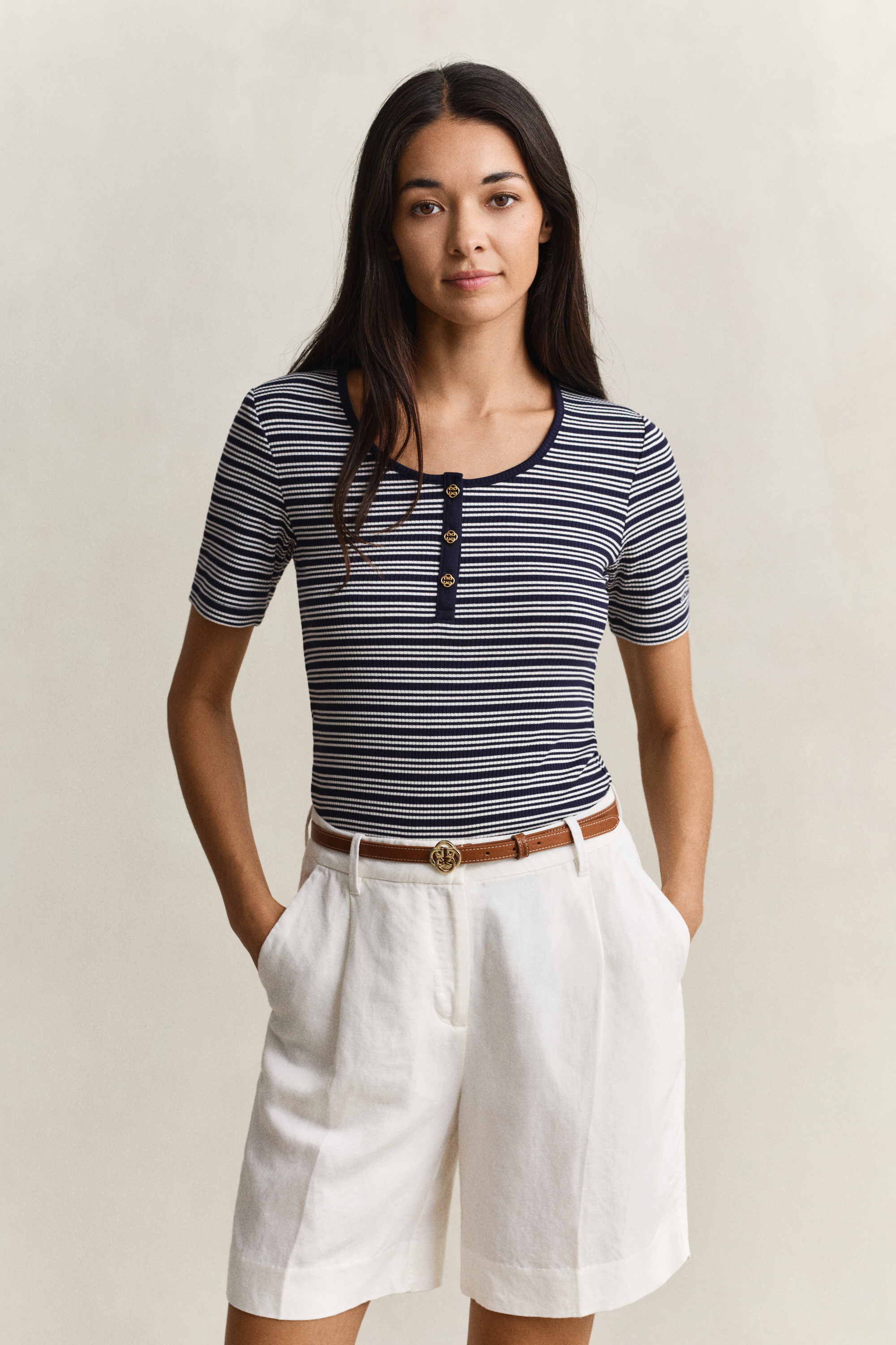 Gant Women's Navy Ribbed Henley Top (Xl) Evening Blue