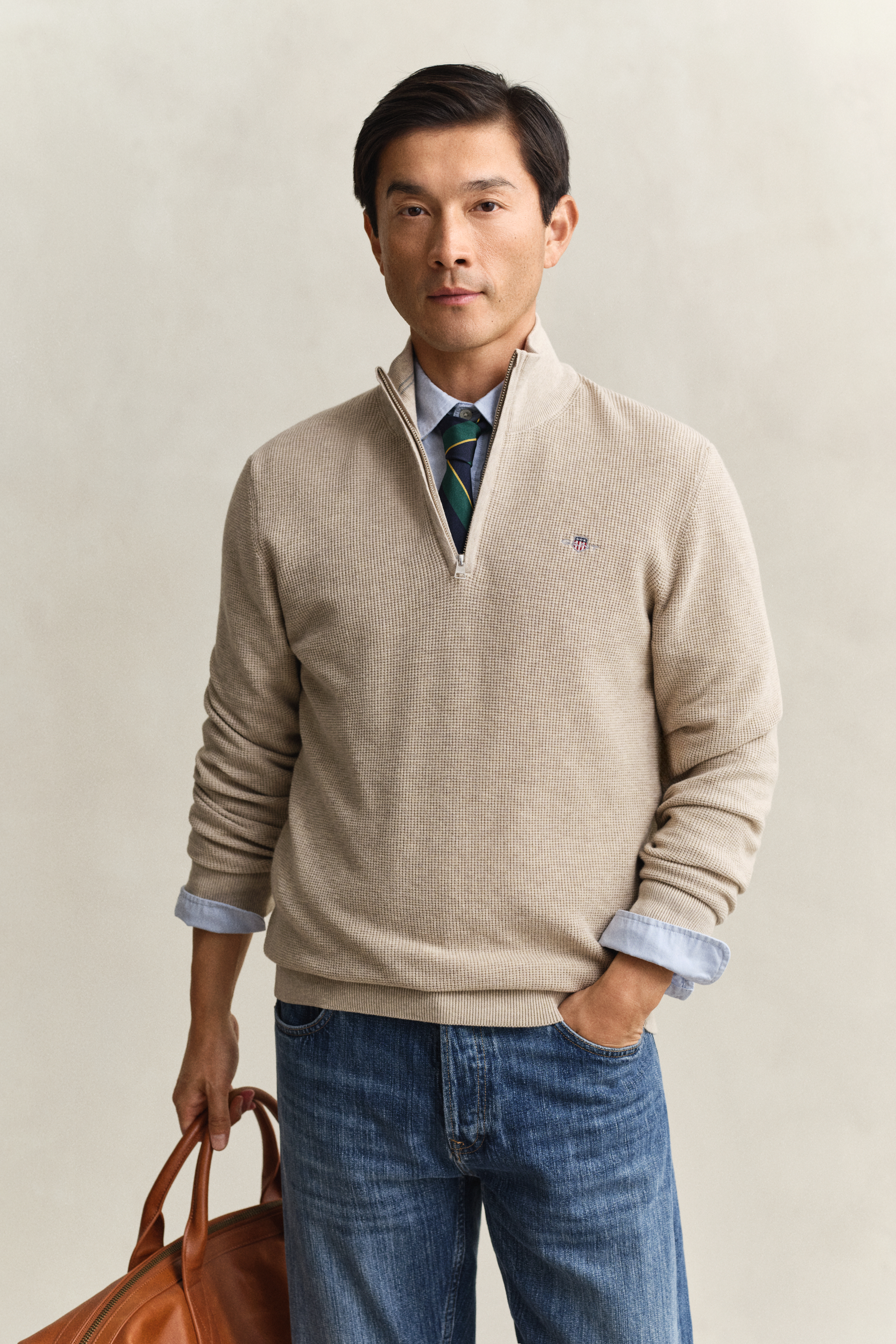 Gant Men's Beige Textured Cotton Half-Zip Sweater (Xxl) Oat Melange