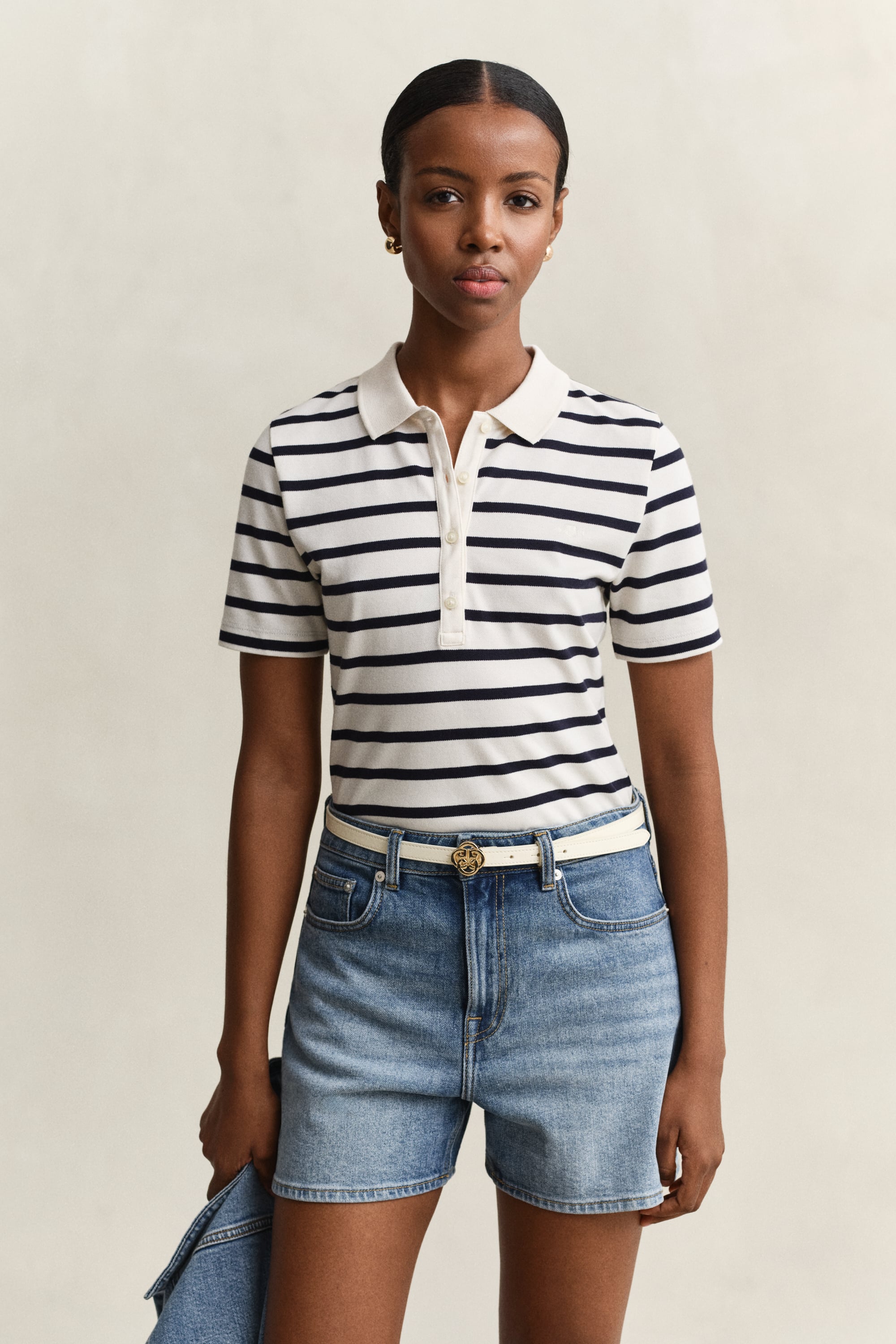 Gant Women's Off White Striped Piqué Polo Shirt (Xxl) Eggshell