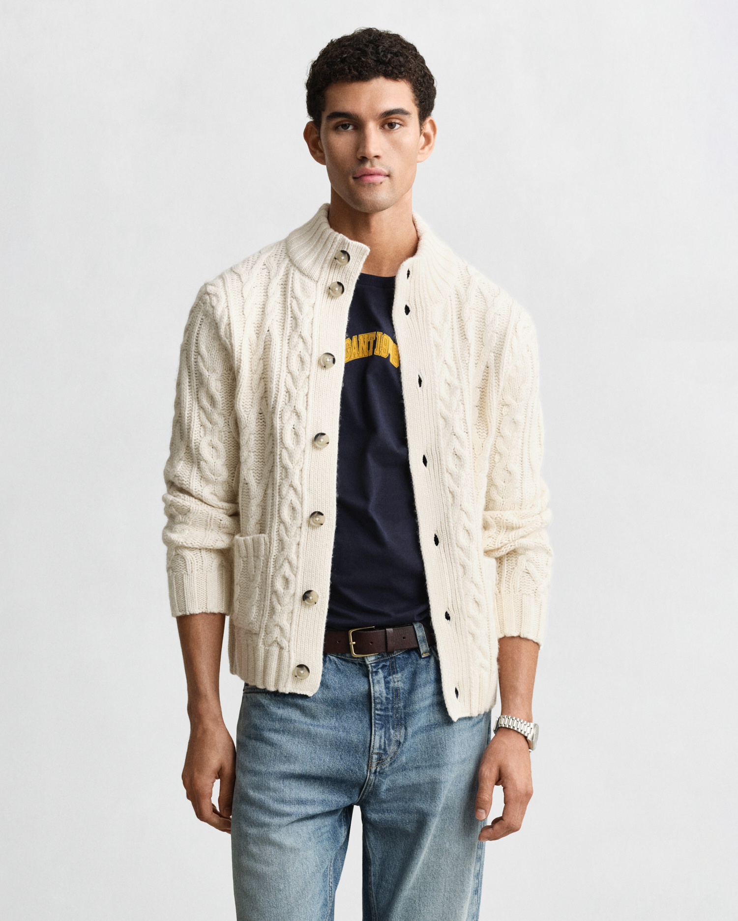 Gant Men's White Cable Knit Cardigan (S) Cream
