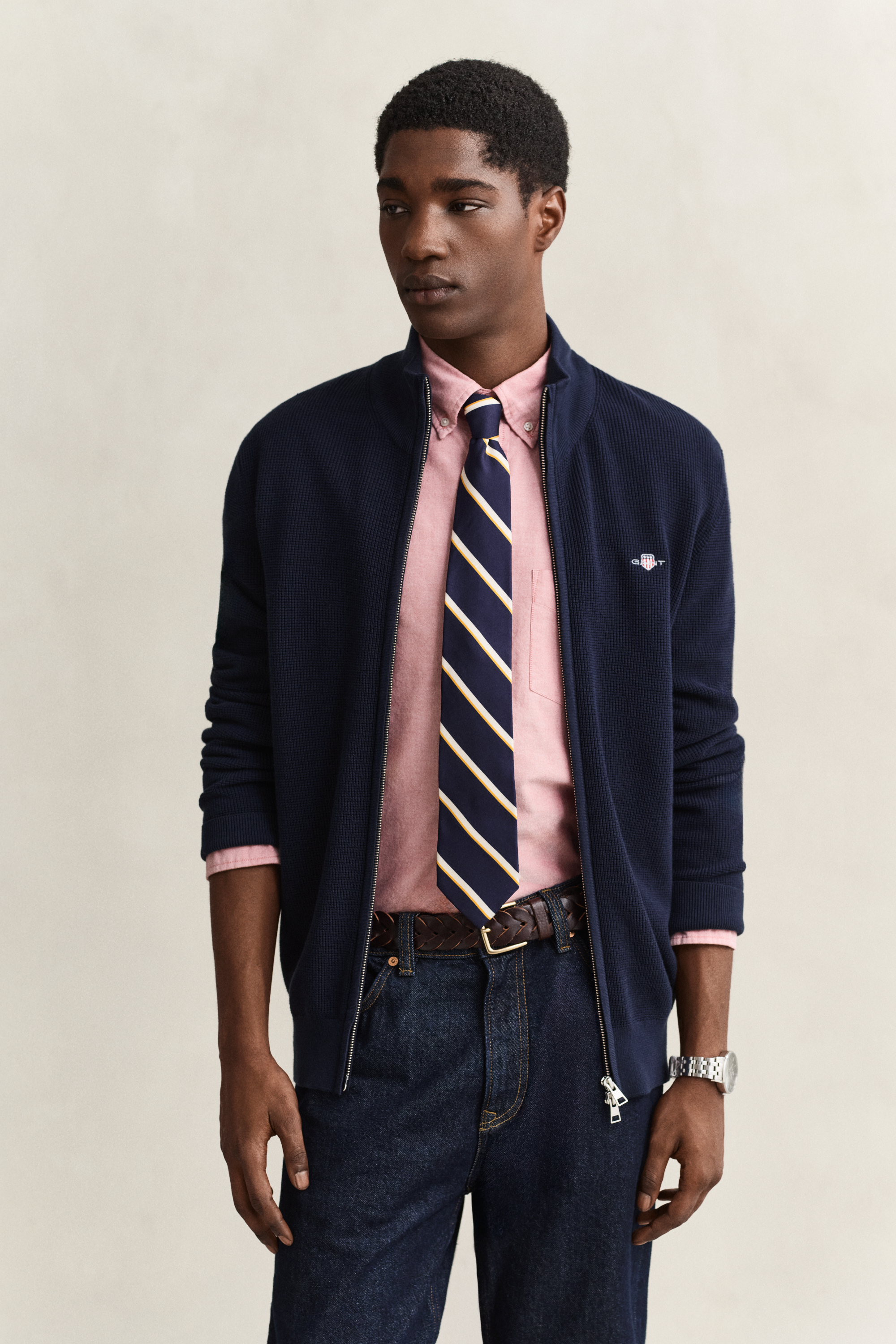 Gant Men's Navy Textured Cotton Zip Cardigan (S) Evening Blue