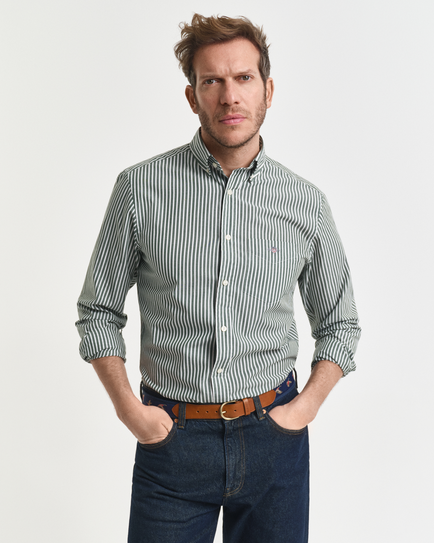 Gant Men's Green Regular Fit Striped Poplin Shirt (M) Medium