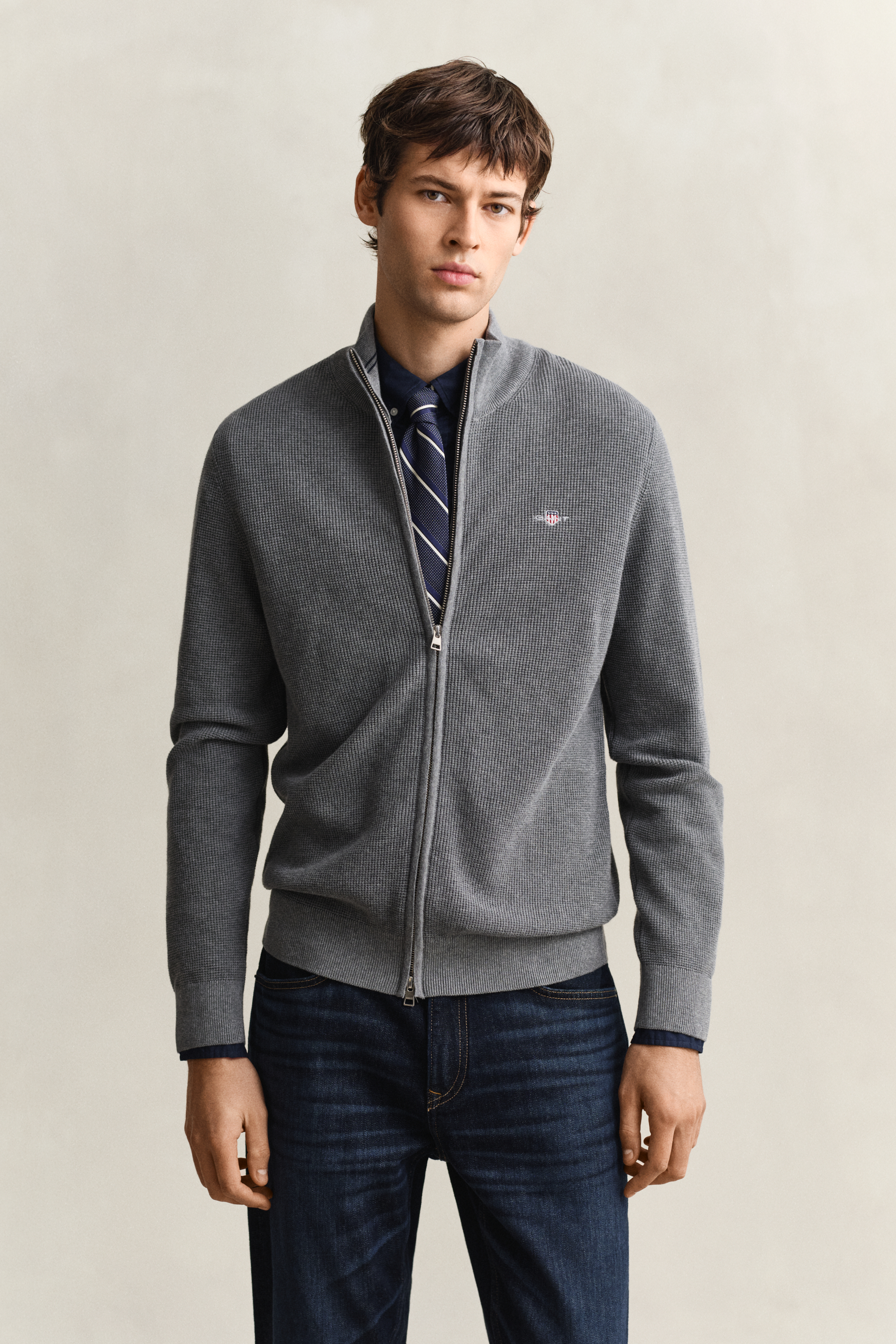 Gant Men's Dark Grey Textured Cotton Zip Cardigan (Xxxl) Melange