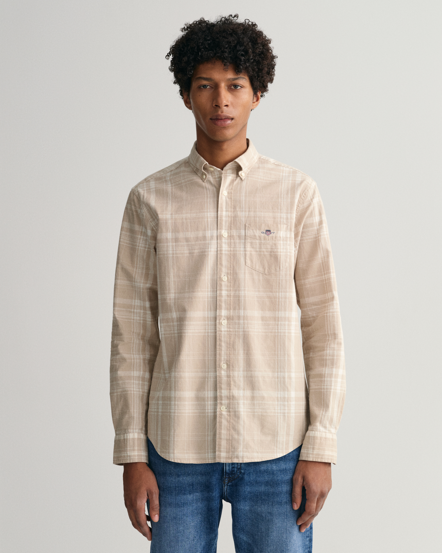 GANT Men Regular Fit Check Cotton Linen Shirt (L) Brown
