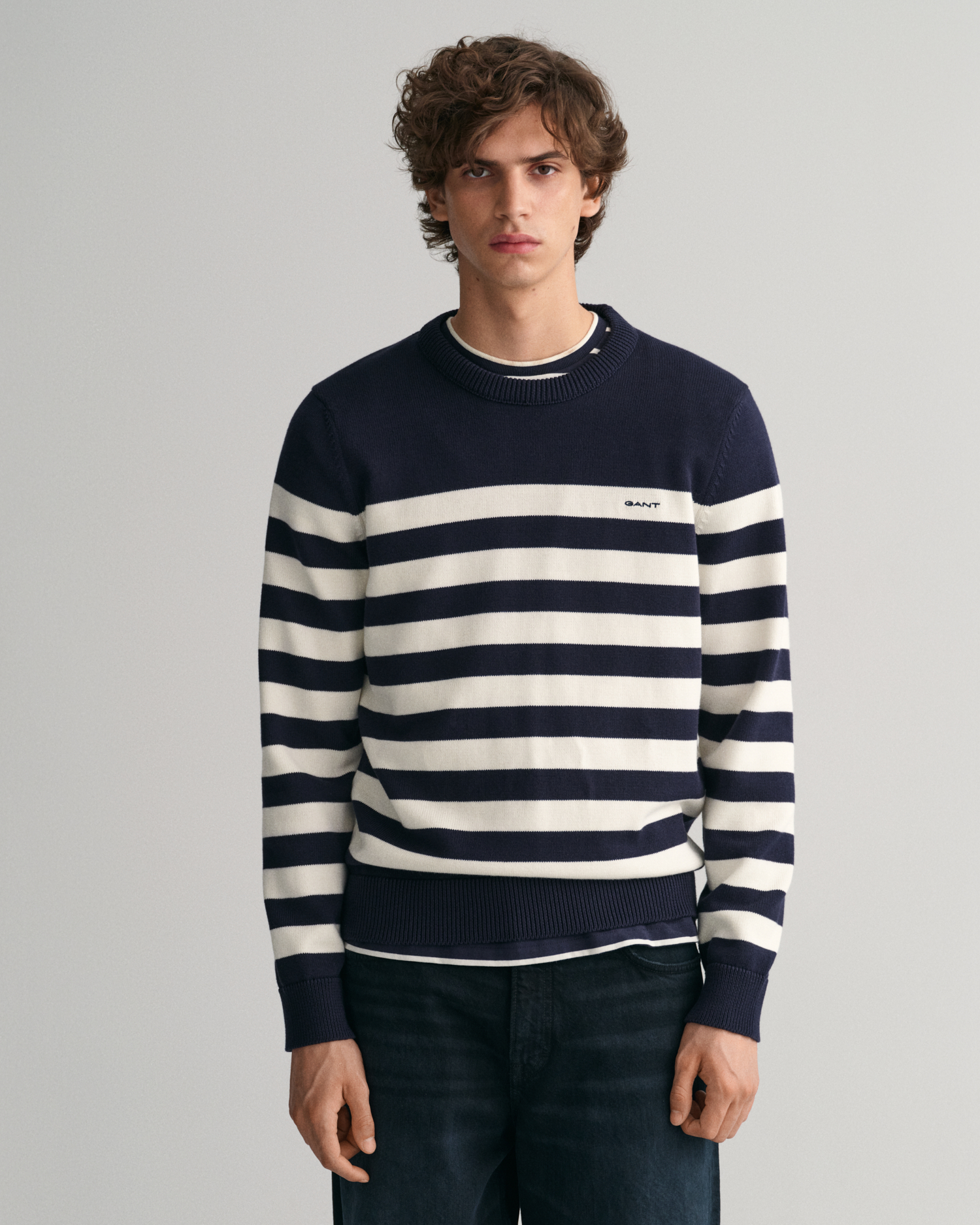 GANT Men Breton Striped Crew Neck Sweater (4XL) Blue