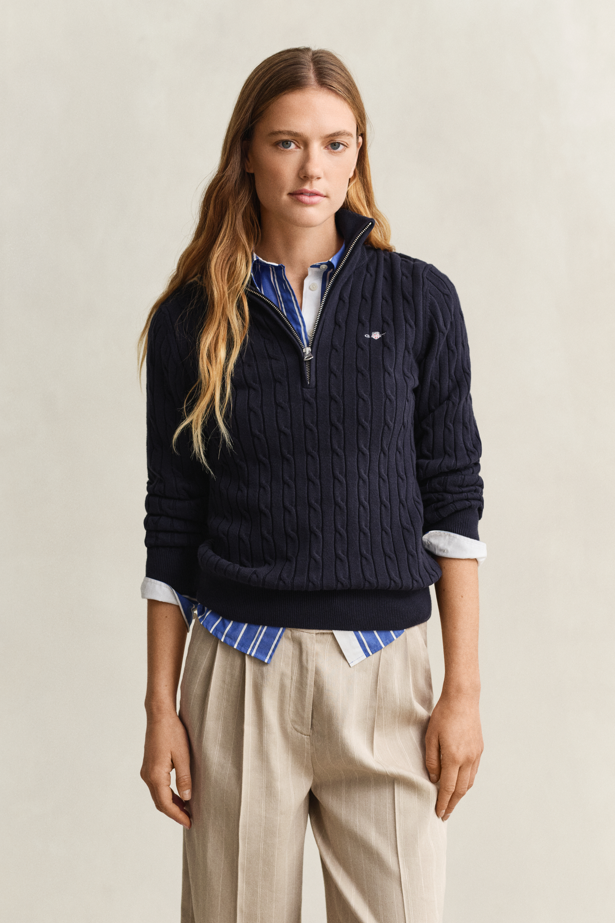 Gant Women's Navy Cable Knit Half-Zip Sweater (Xxl) Evening Blue