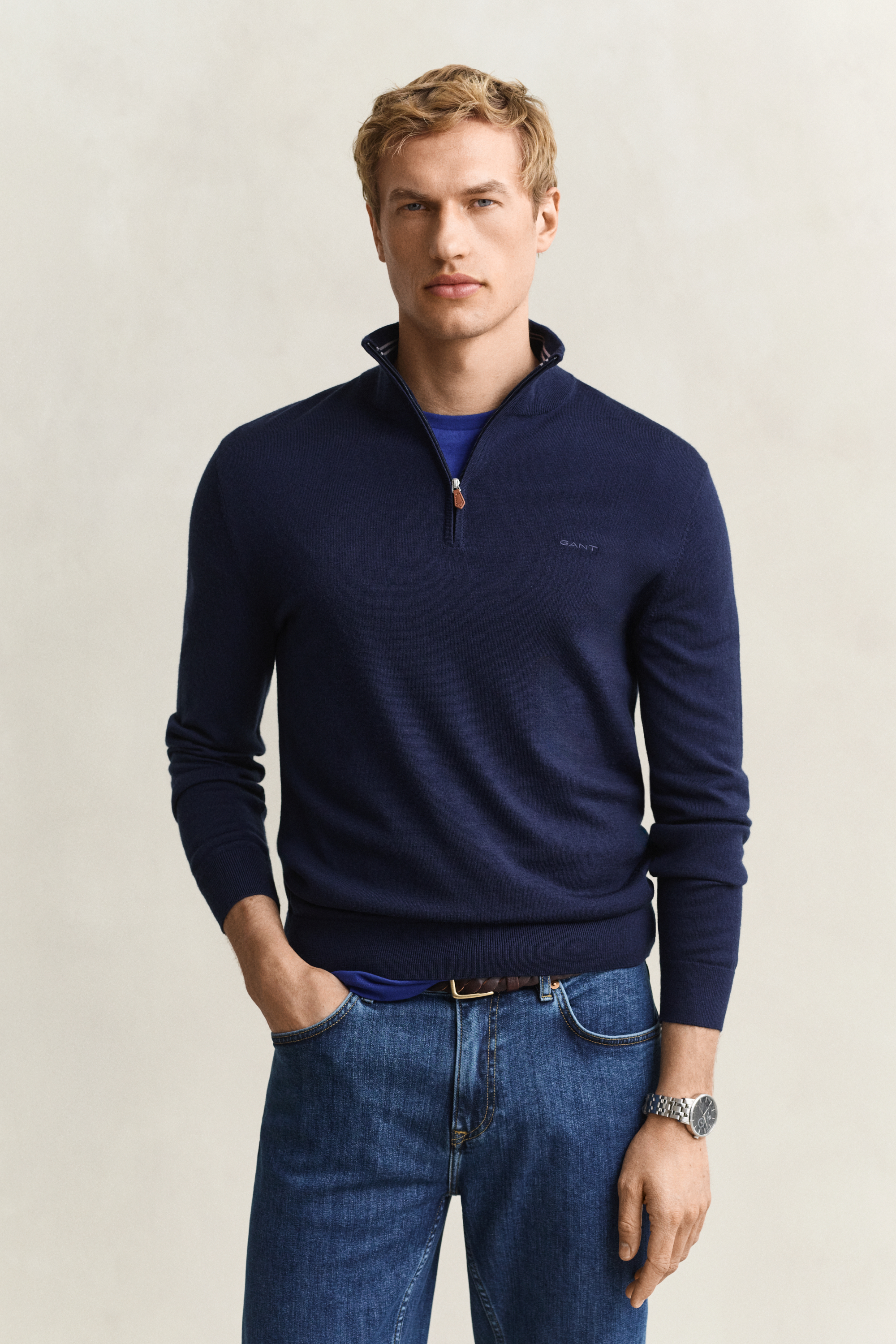 Gant Men's Navy Merino Wool Half-Zip Sweater (Xxxl) Marine